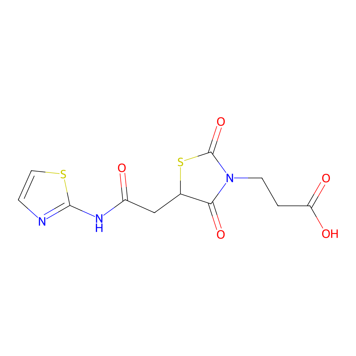 3-{2,4-Dioxo-5-[2-oxo-2-(1,3-thiazol-2-ylamino)ethyl]-1,3-thiazolidin-3-yl}propanoic acid molecular structure, CAS 613218-74-9