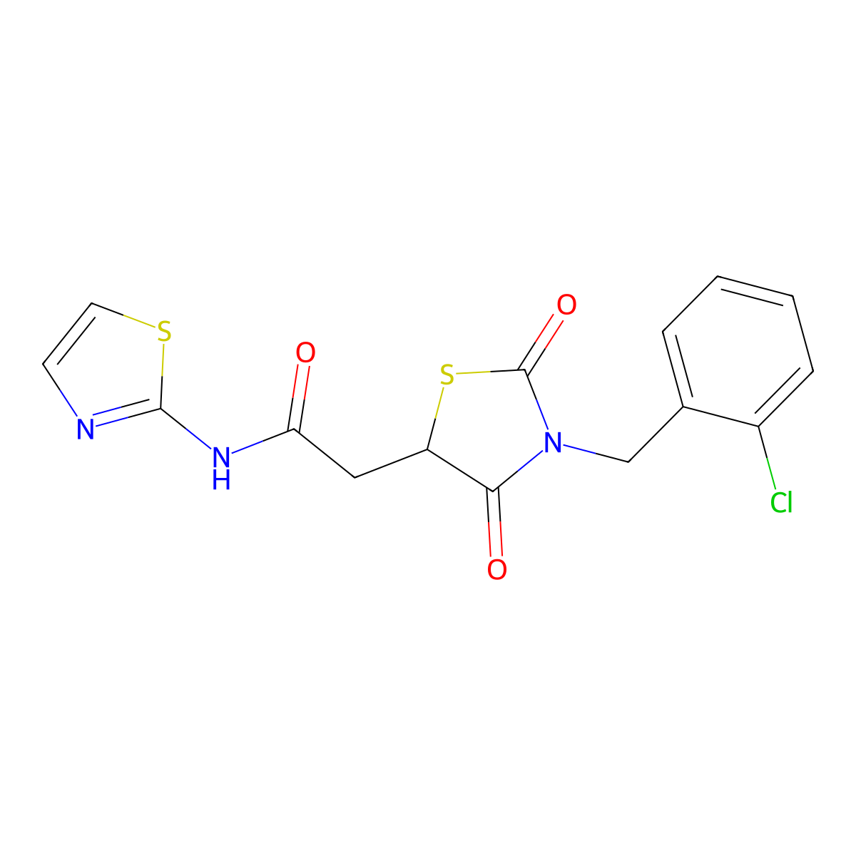 2-[3-(2-Chloro-benzyl)-2,4-dioxo-thiazolidin-5-yl]-N-thiazol-2-yl-acetamide molecular structure, CAS 613219-26-4
