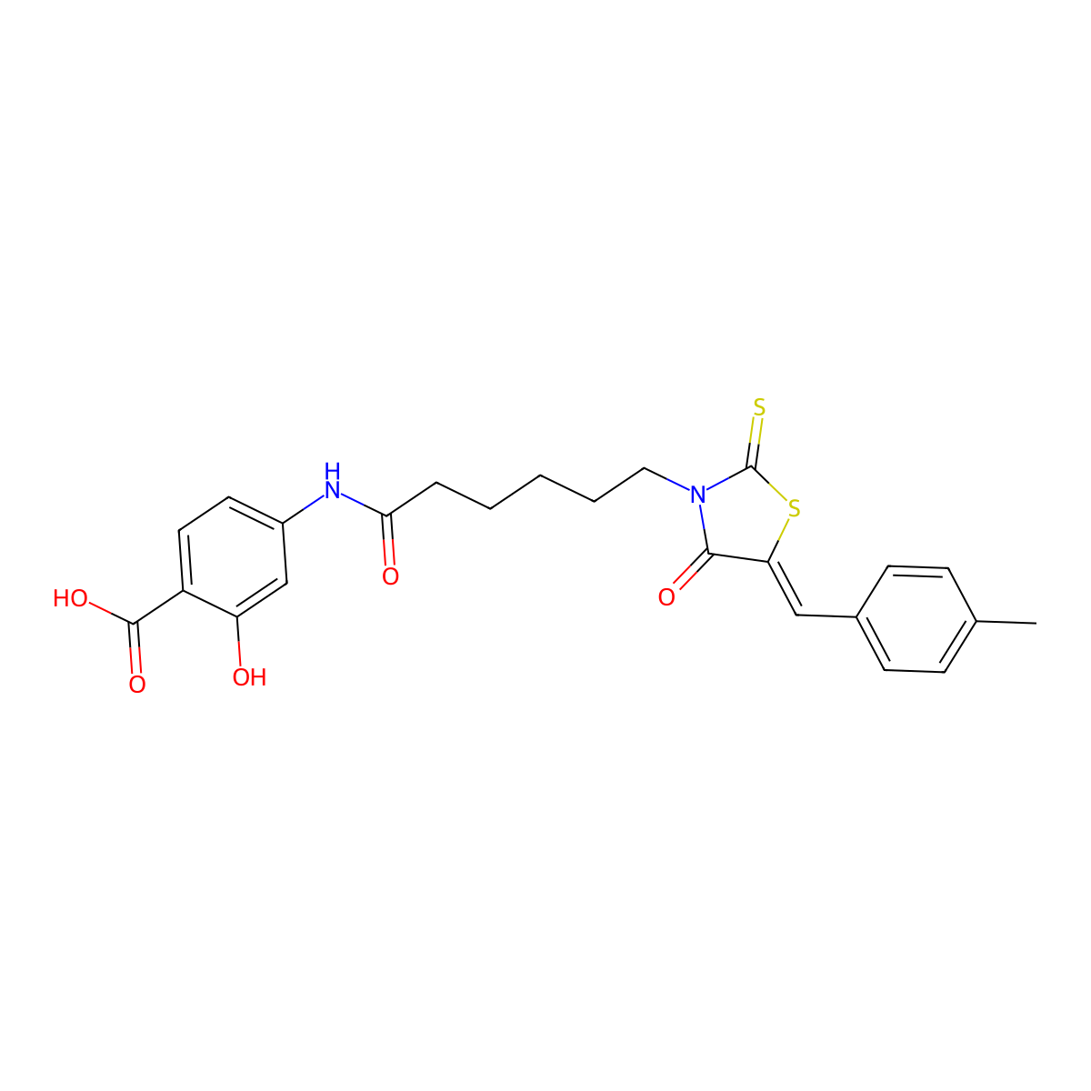 (Z)-2-hydroxy-4-(6-(5-(4-methylbenzylidene)-4-oxo-2-thioxothiazolidin-3-yl)hexanamido)benzoic acid molecular structure, CAS 613225-56-2