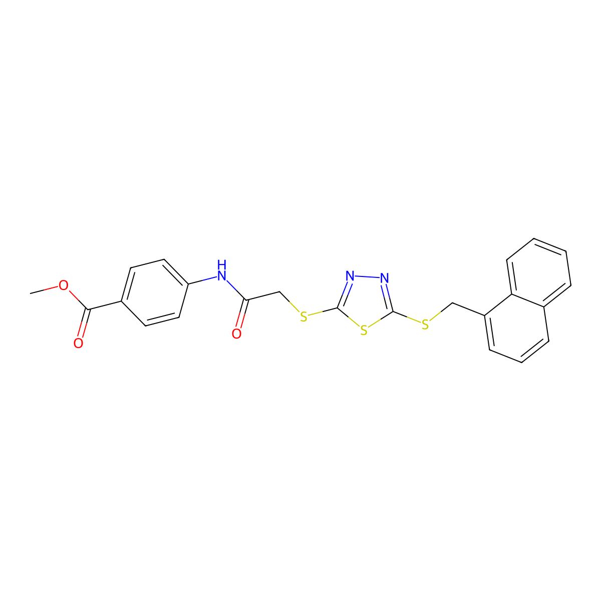 Methyl 4-{[({5-[(1-naphthylmethyl)sulfanyl]-1,3,4-thiadiazol-2-yl}sulfanyl)acetyl]amino}benzoate molecular structure, CAS 613226-22-5