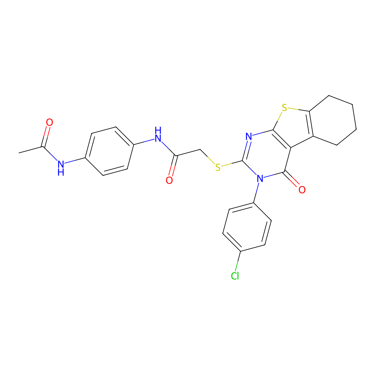 N-[4-(acetylamino)phenyl]-2-{[3-(4-chlorophenyl)-4-oxo-3,4,5,6,7,8-hexahydro[1]benzothieno[2,3-d]pyrimidin-2-yl]sulfanyl}acetamide molecular structure, CAS 613226-42-9