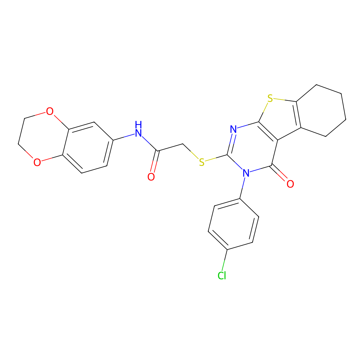 2-{[3-(4-chlorophenyl)-4-oxo-3,4,5,6,7,8-hexahydro[1]benzothieno[2,3-d]pyrimidin-2-yl]sulfanyl}-N-(2,3-dihydro-1,4-benzodioxin-6-yl)acetamide molecular structure, CAS 613226-43-0