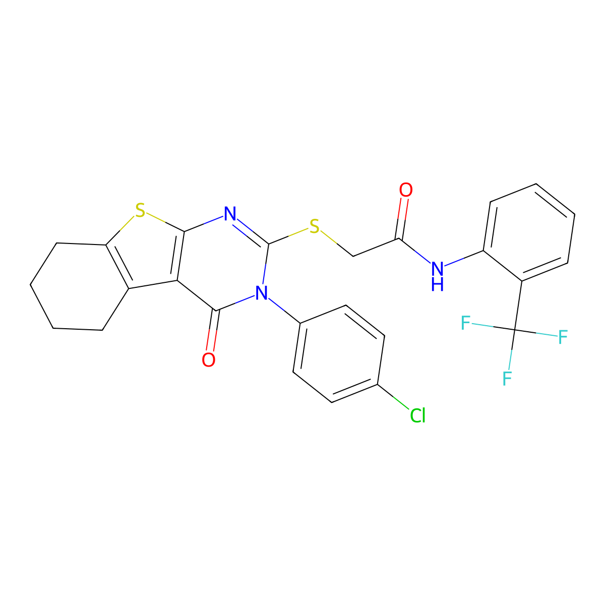 2-{[3-(4-chlorophenyl)-4-oxo-3,4,5,6,7,8-hexahydro[1]benzothieno[2,3-d]pyrimidin-2-yl]sulfanyl}-N-[2-(trifluoromethyl)phenyl]acetamide molecular structure, CAS 613226-45-2