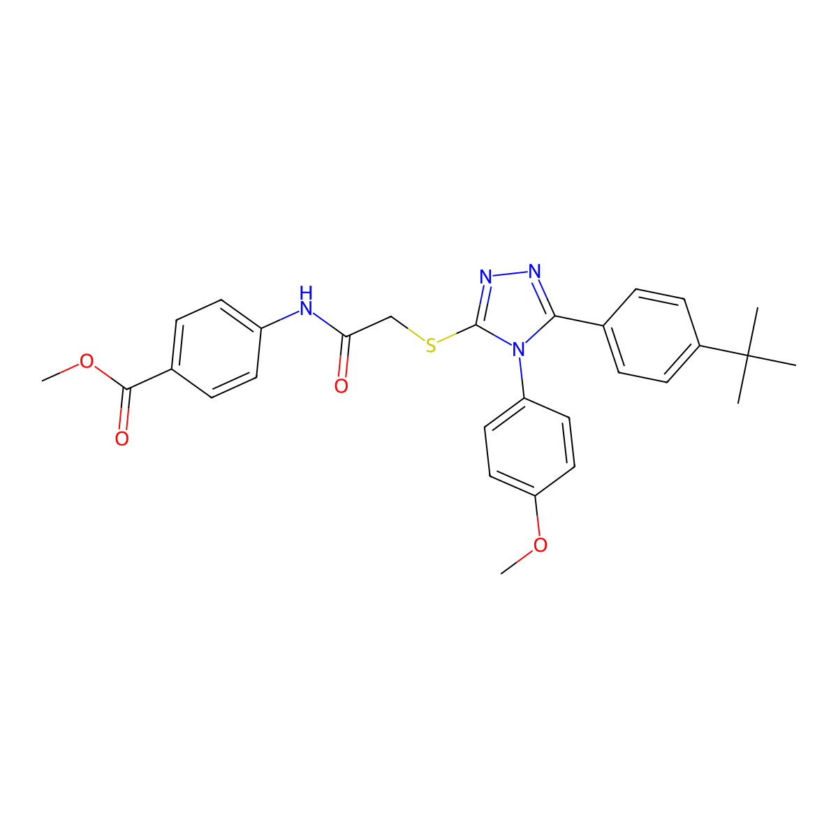 methyl 4-[({[5-(4-tert-butylphenyl)-4-(4-methoxyphenyl)-4H-1,2,4-triazol-3-yl]sulfanyl}acetyl)amino]benzoate molecular structure, CAS 613226-50-9