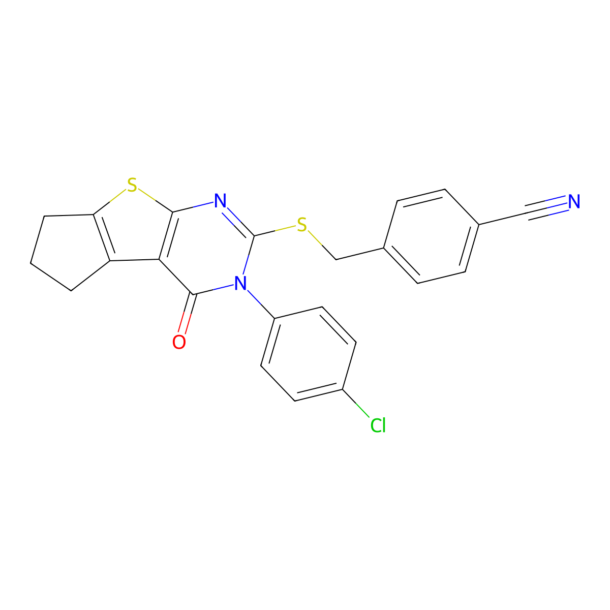 4-({[3-(4-chlorophenyl)-4-oxo-3,5,6,7-tetrahydro-4H-cyclopenta[4,5]thieno[2,3-d]pyrimidin-2-yl]sulfanyl}methyl)benzonitrile molecular structure, CAS 613227-00-2