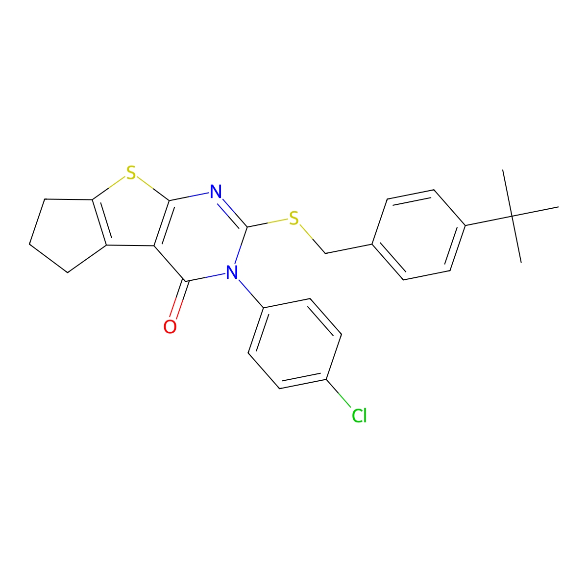 2-[(4-tert-butylbenzyl)sulfanyl]-3-(4-chlorophenyl)-3,5,6,7-tetrahydro-4H-cyclopenta[4,5]thieno[2,3-d]pyrimidin-4-one molecular structure, CAS 613227-01-3