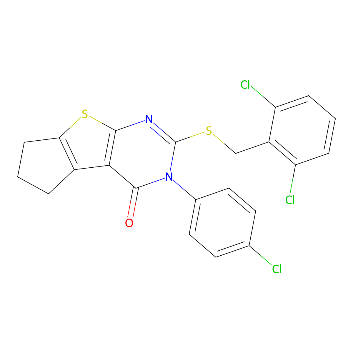 3-(4-chlorophenyl)-2-[(2,6-dichlorobenzyl)sulfanyl]-3,5,6,7-tetrahydro-4H-cyclopenta[4,5]thieno[2,3-d]pyrimidin-4-one molecular structure, CAS 613227-02-4