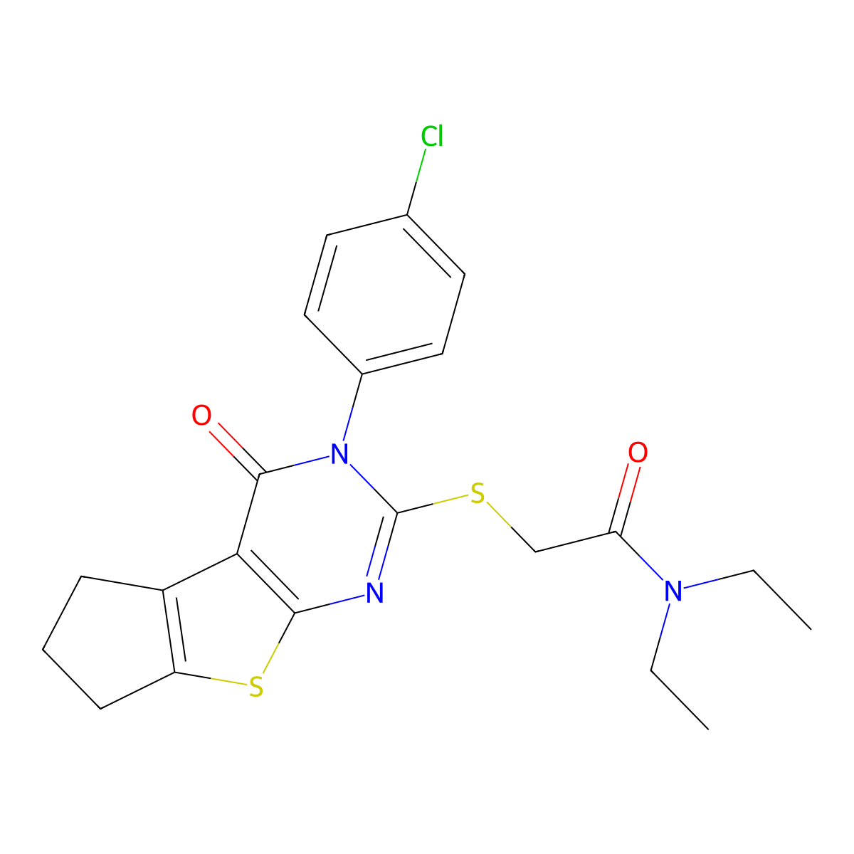 2-{[3-(4-chlorophenyl)-4-oxo-3,5,6,7-tetrahydro-4H-cyclopenta[4,5]thieno[2,3-d]pyrimidin-2-yl]sulfanyl}-N,N-diethylacetamide molecular structure, CAS 613227-03-5