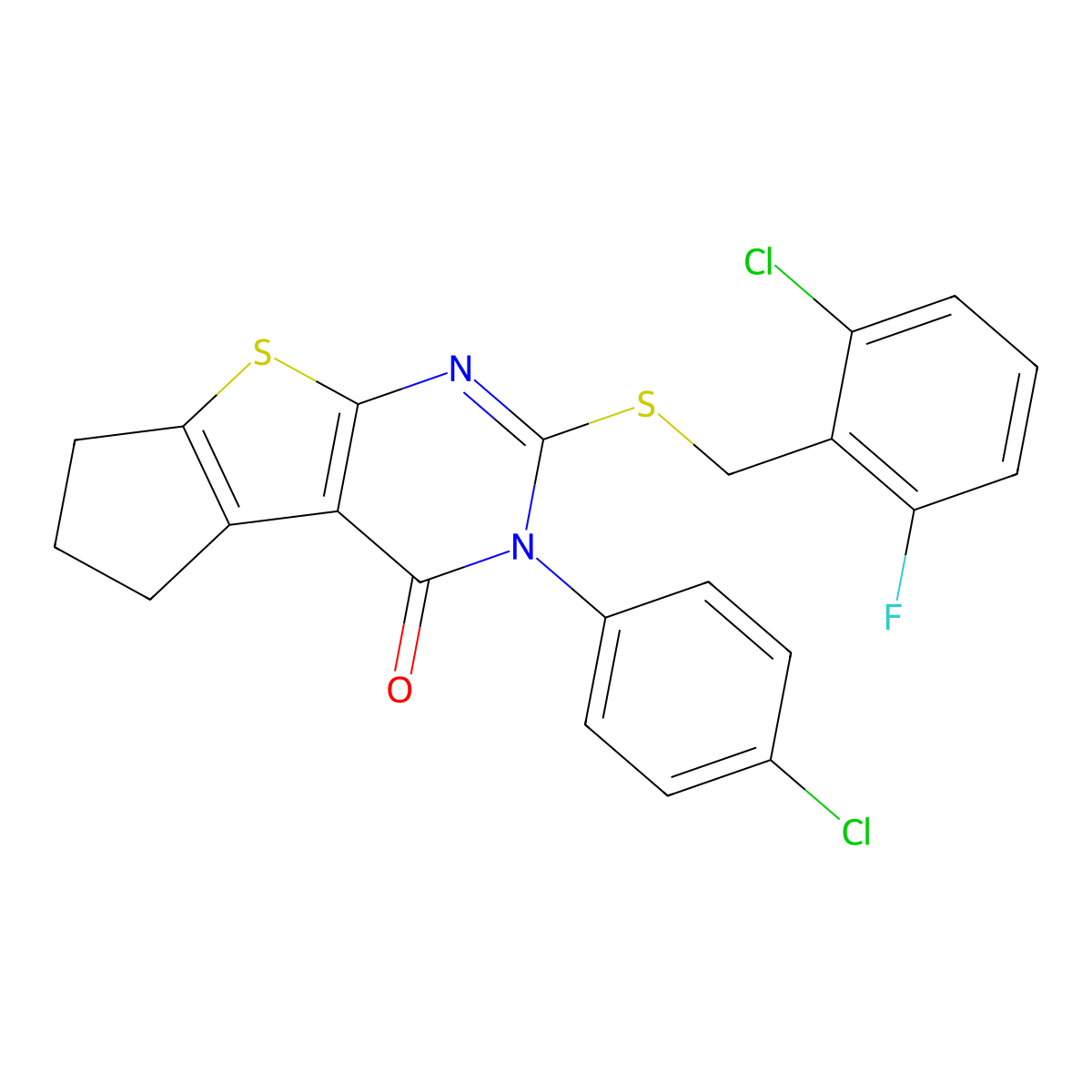 2-[(2-chloro-6-fluorobenzyl)sulfanyl]-3-(4-chlorophenyl)-3,5,6,7-tetrahydro-4H-cyclopenta[4,5]thieno[2,3-d]pyrimidin-4-one molecular structure, CAS 613227-04-6