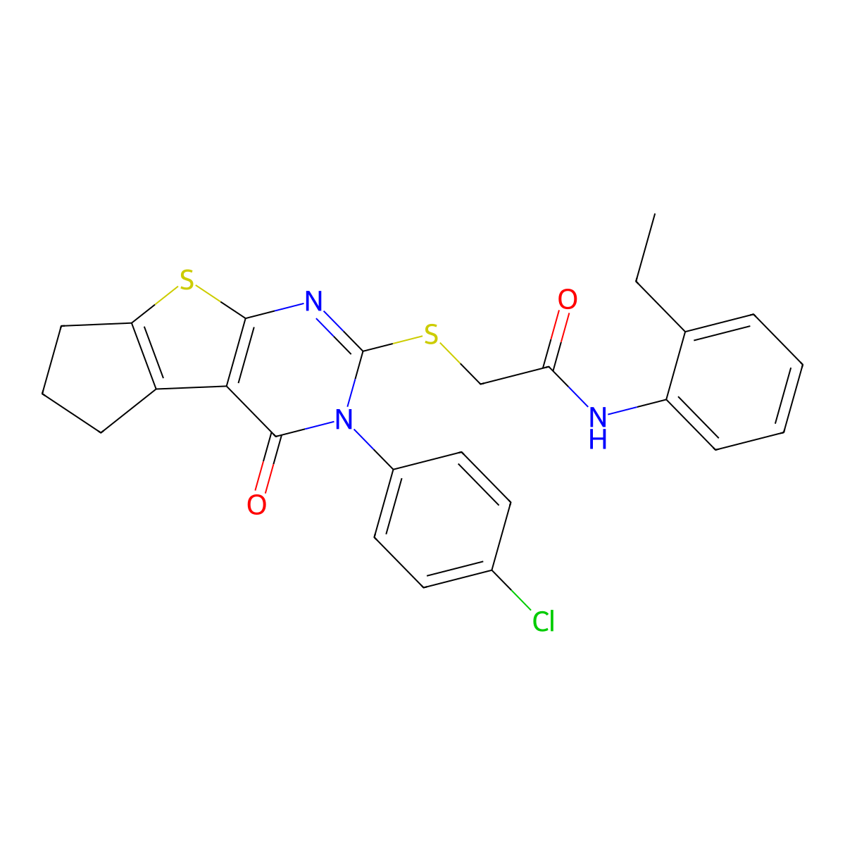 2-{[3-(4-chlorophenyl)-4-oxo-3,5,6,7-tetrahydro-4H-cyclopenta[4,5]thieno[2,3-d]pyrimidin-2-yl]sulfanyl}-N-(2-ethylphenyl)acetamide molecular structure, CAS 613227-05-7