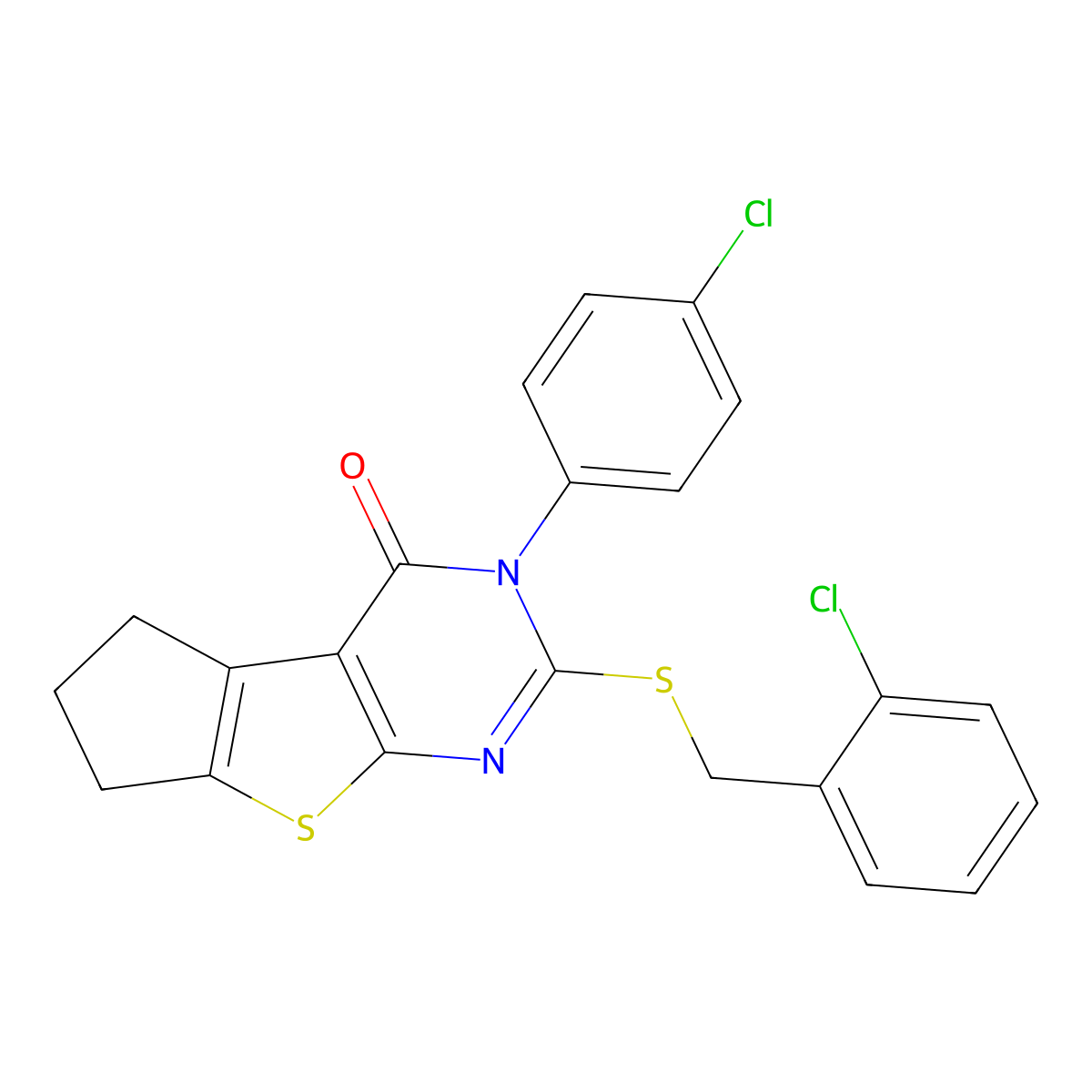 2-[(2-chlorobenzyl)sulfanyl]-3-(4-chlorophenyl)-3,5,6,7-tetrahydro-4H-cyclopenta[4,5]thieno[2,3-d]pyrimidin-4-one molecular structure, CAS 613227-07-9