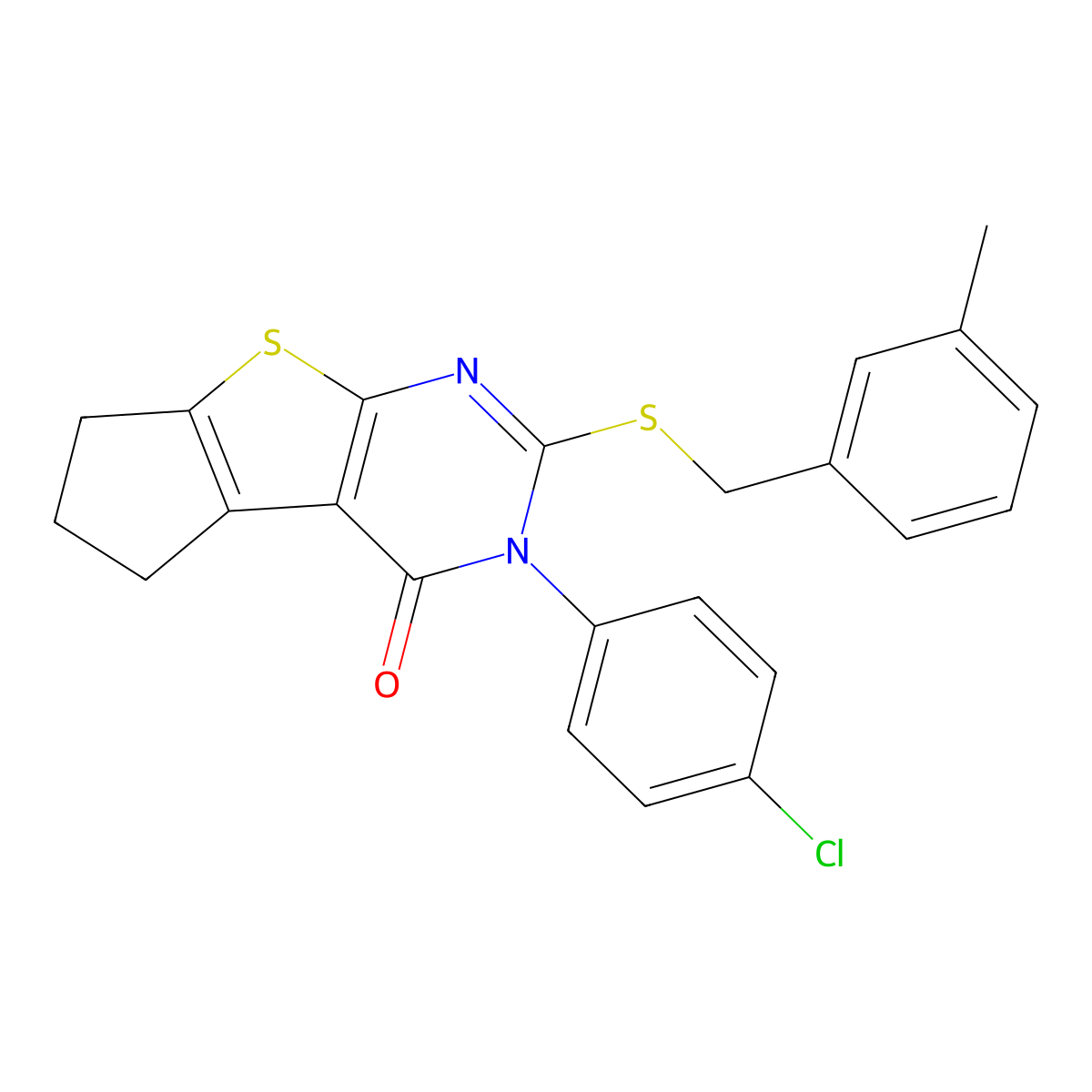 3-(4-chlorophenyl)-2-[(3-methylbenzyl)sulfanyl]-3,5,6,7-tetrahydro-4H-cyclopenta[4,5]thieno[2,3-d]pyrimidin-4-one molecular structure, CAS 613227-09-1