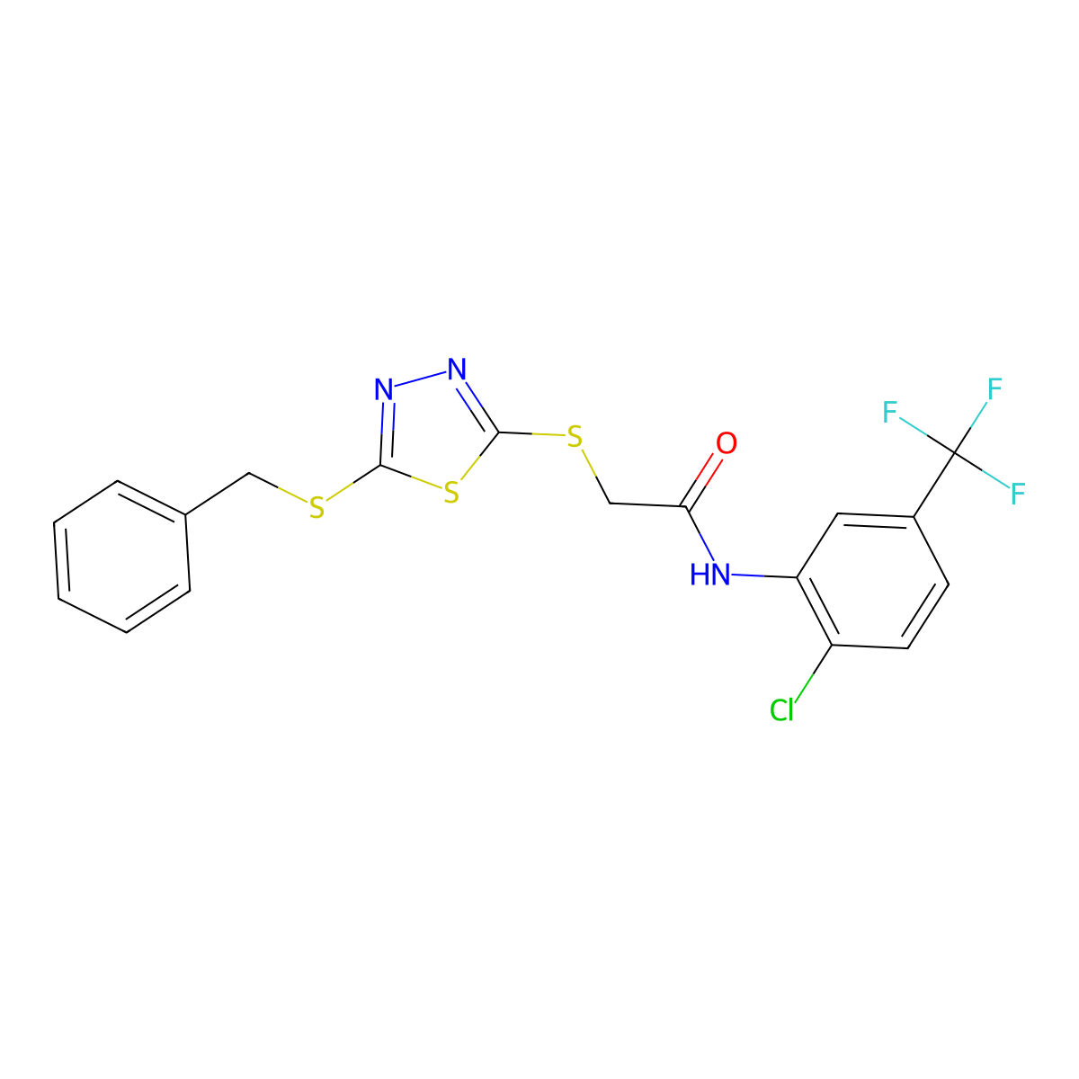 2-{[5-(benzylsulfanyl)-1,3,4-thiadiazol-2-yl]sulfanyl}-N-[2-chloro-5-(trifluoromethyl)phenyl]acetamide molecular structure, CAS 613227-64-8