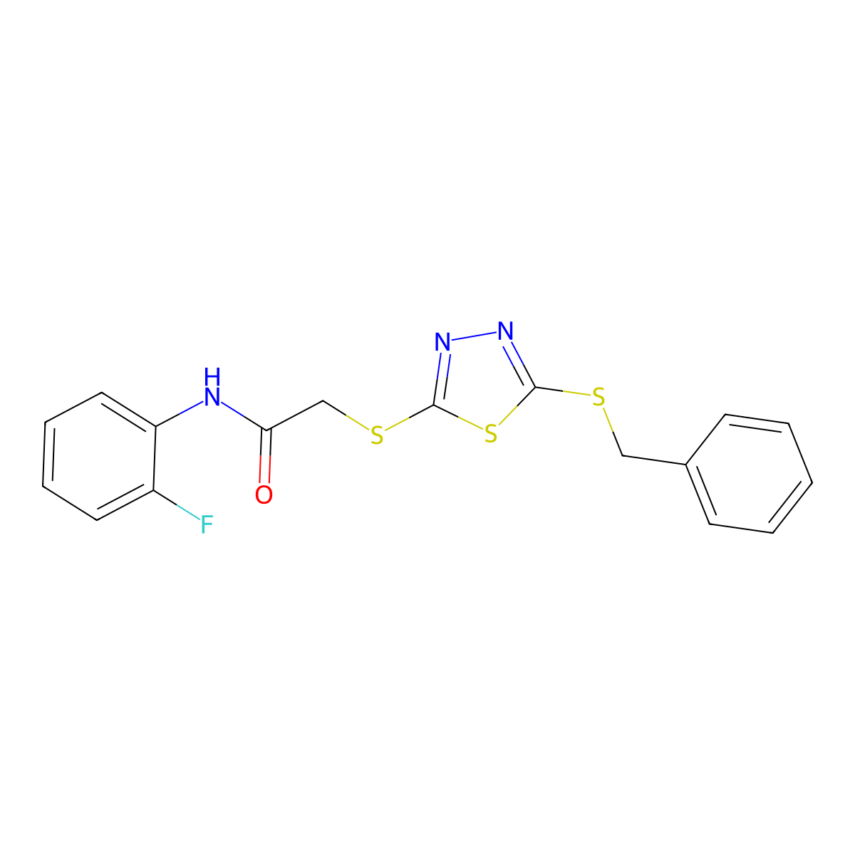 2-{[5-(benzylsulfanyl)-1,3,4-thiadiazol-2-yl]sulfanyl}-N-(2-fluorophenyl)acetamide molecular structure, CAS 613227-65-9