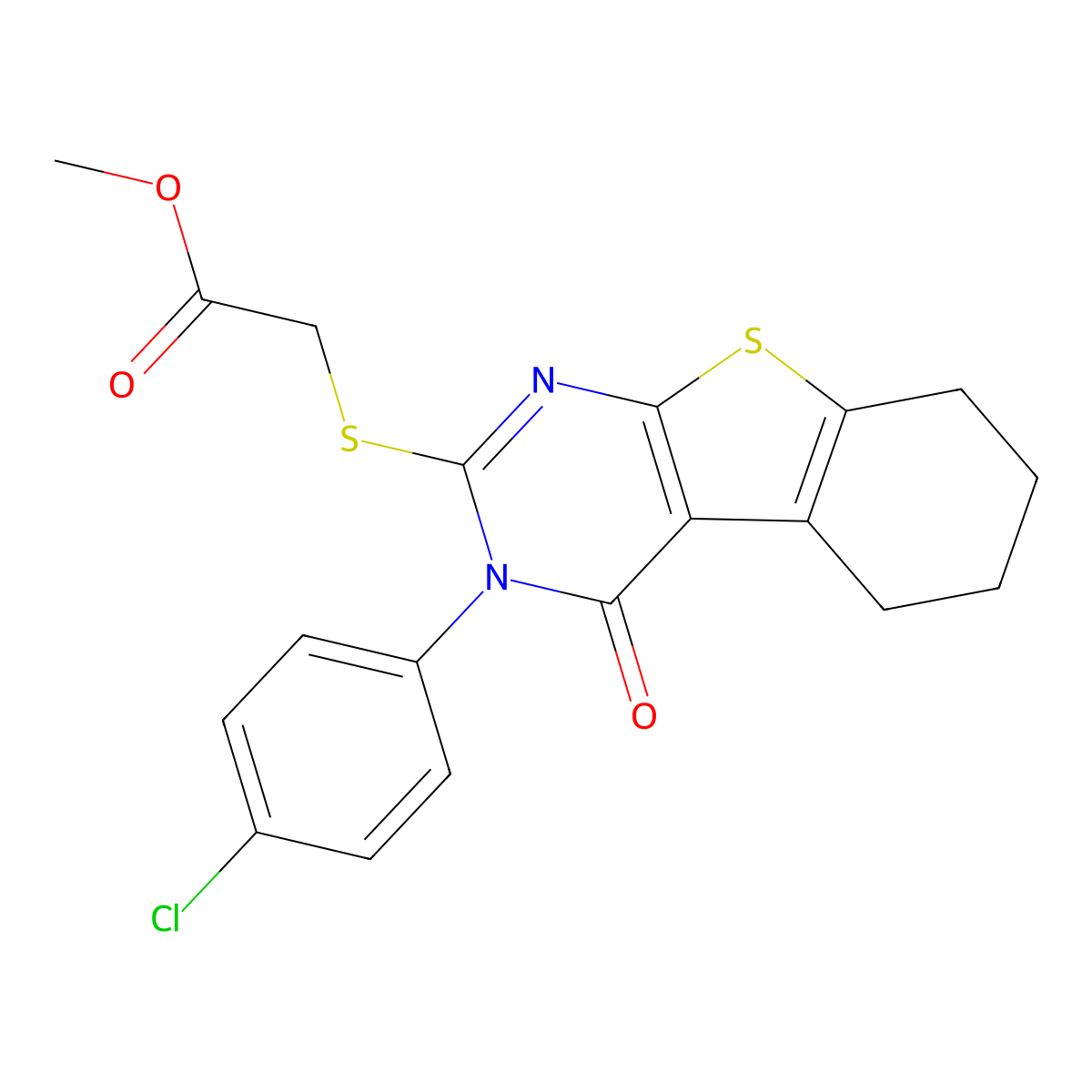 Methyl 2-{[4-(4-chlorophenyl)-3-oxo-8-thia-4,6-diazatricyclo[7.4.0.0,2,7]trideca-1(9),2(7),5-trien-5-yl]sulfanyl}acetate molecular structure, CAS 613227-82-0