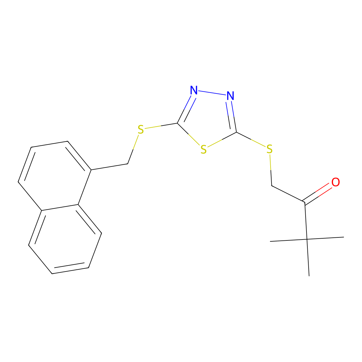 3,3-Dimethyl-1-[[5-(naphthalen-1-ylmethylsulfanyl)-1,3,4-thiadiazol-2-yl]sulfanyl]butan-2-one molecular structure, CAS 613228-20-9