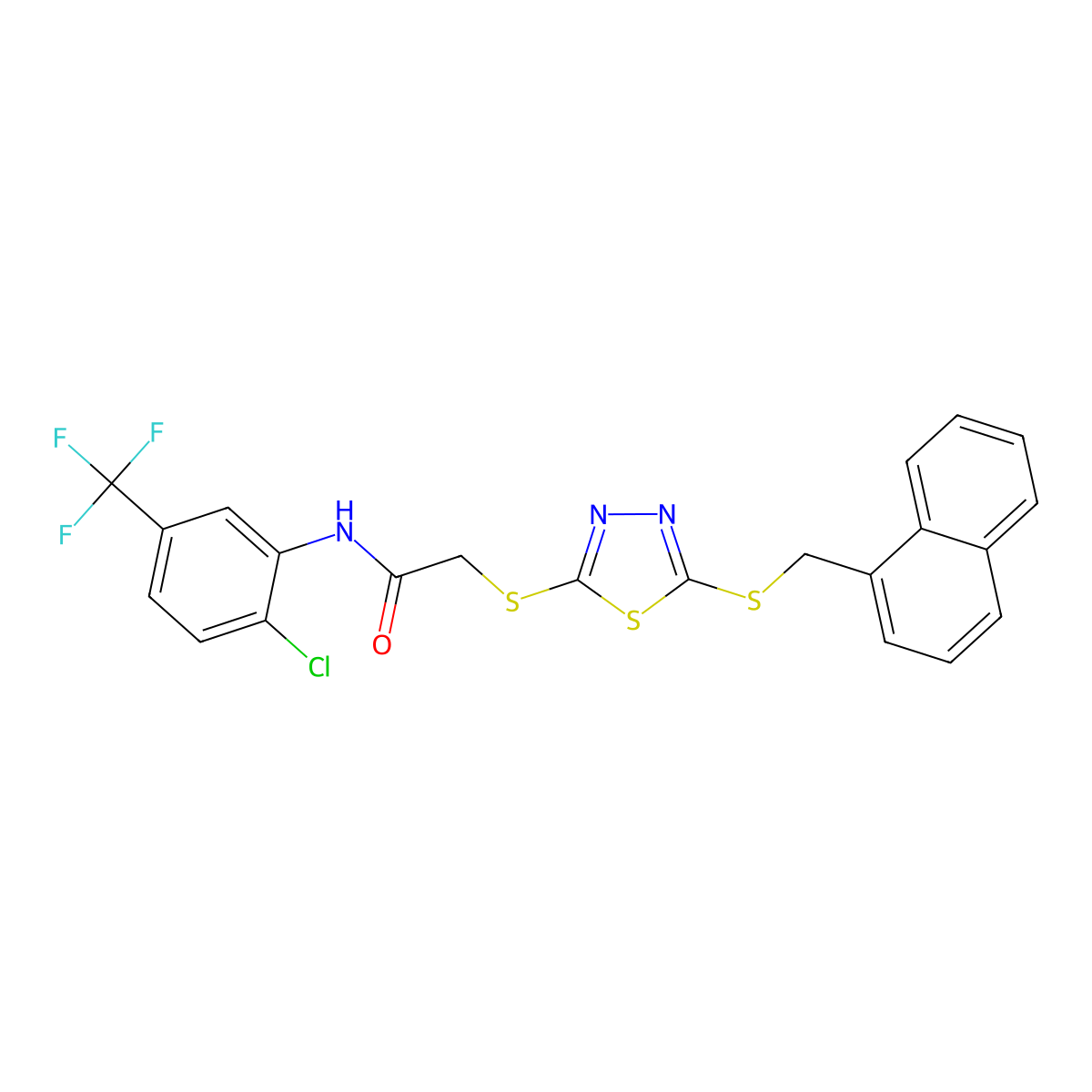 N-[2-chloro-5-(trifluoromethyl)phenyl]-2-({5-[(naphthalen-1-ylmethyl)sulfanyl]-1,3,4-thiadiazol-2-yl}sulfanyl)acetamide molecular structure, CAS 613228-24-3