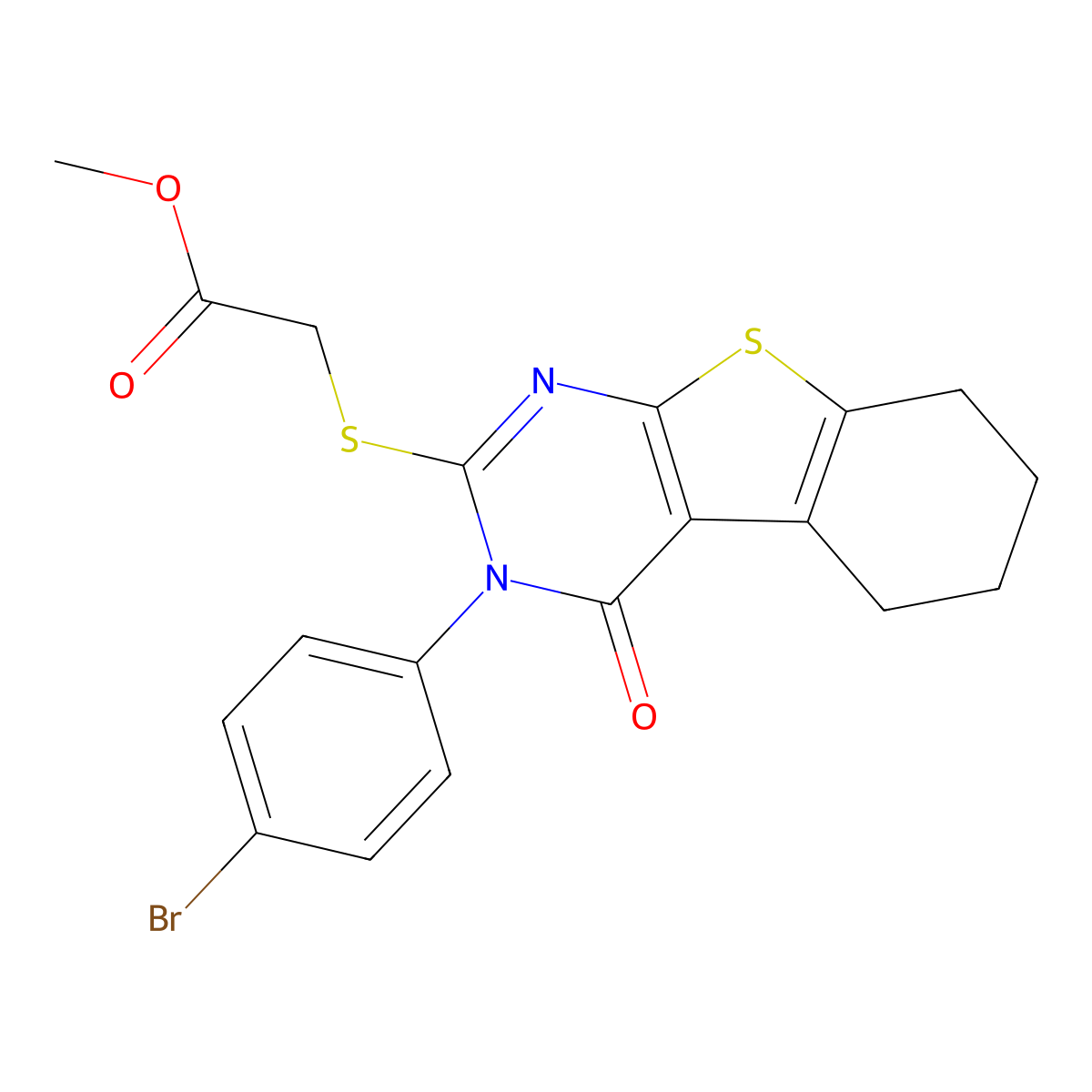 Methyl 2-{[4-(4-bromophenyl)-3-oxo-8-thia-4,6-diazatricyclo[7.4.0.0,2,7]trideca-1(9),2(7),5-trien-5-yl]sulfanyl}acetate molecular structure, CAS 613228-42-5