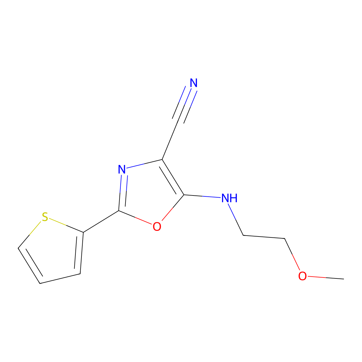 5-(2-Methoxyethylamino)-2-thiophen-2-yl-1,3-oxazole-4-carbonitrile molecular structure, CAS 613650-05-8