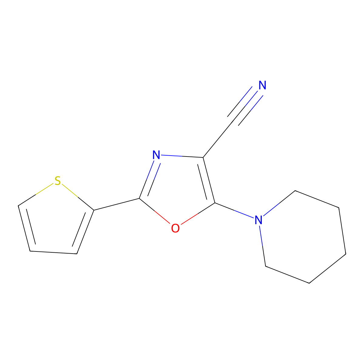 5-Piperidin-1-yl-2-thiophen-2-yl-1,3-oxazole-4-carbonitrile molecular structure, CAS 613650-25-2