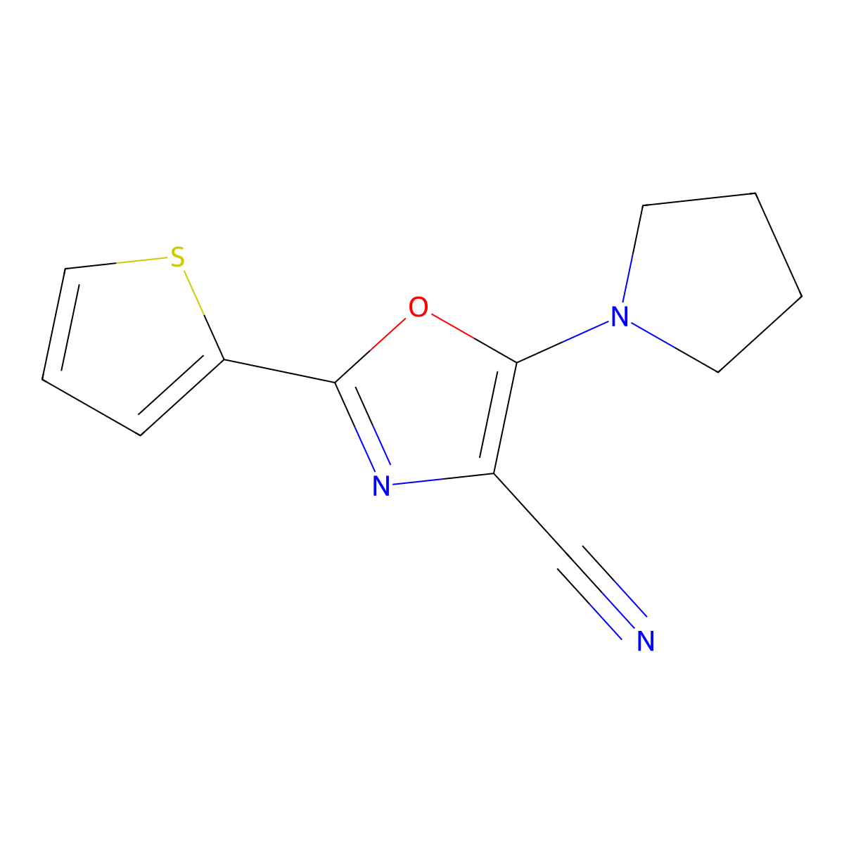 5-Pyrrolidin-1-yl-2-thiophen-2-yl-1,3-oxazole-4-carbonitrile molecular structure, CAS 613650-29-6