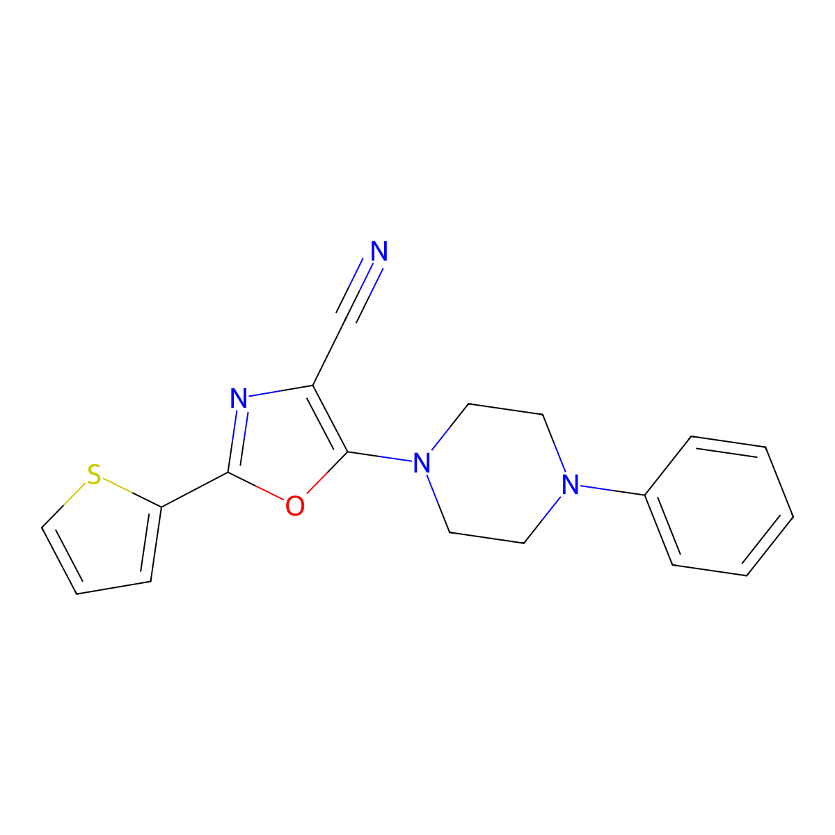 5-(4-Phenylpiperazin-1-yl)-2-thiophen-2-yl-1,3-oxazole-4-carbonitrile molecular structure, CAS 613650-33-2