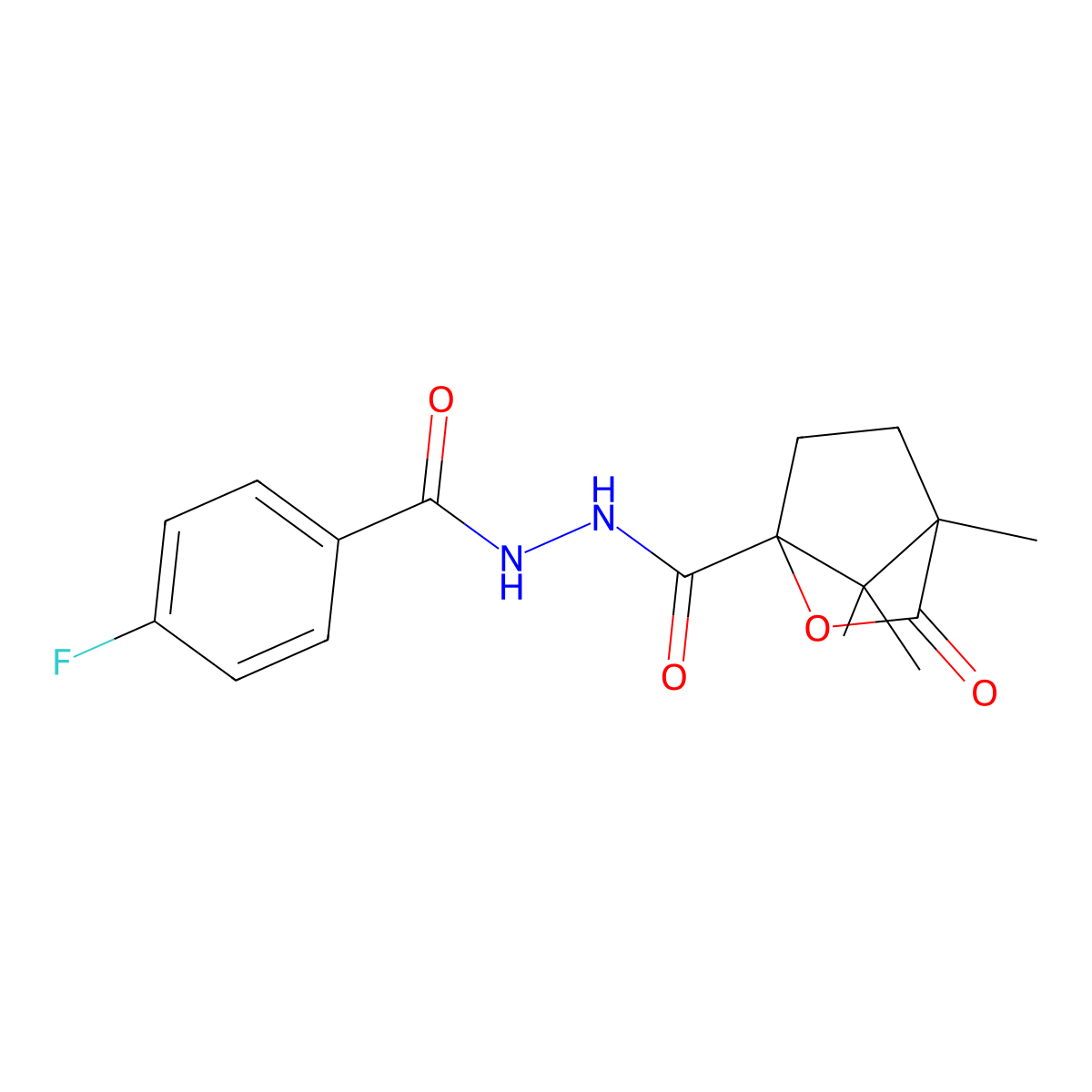 N'-[(4-fluorophenyl)carbonyl]-4,7,7-trimethyl-3-oxo-2-oxabicyclo[2.2.1]heptane-1-carbohydrazide molecular structure, CAS 613659-06-6