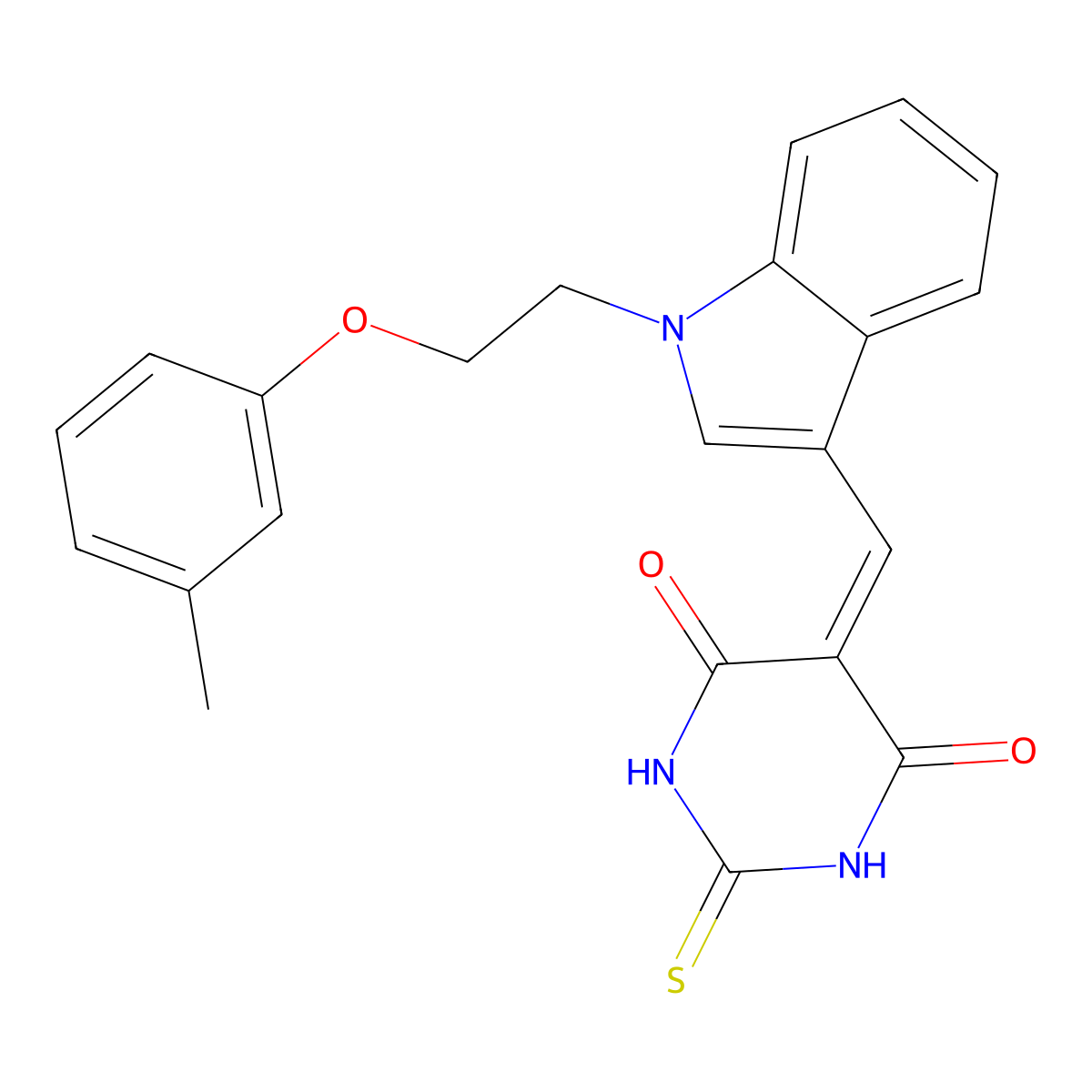 5-({1-[2-(3-methylphenoxy)ethyl]-1H-indol-3-yl}methylidene)-2-thioxodihydropyrimidine-4,6(1H,5H)-dione molecular structure, CAS 6138-93-8