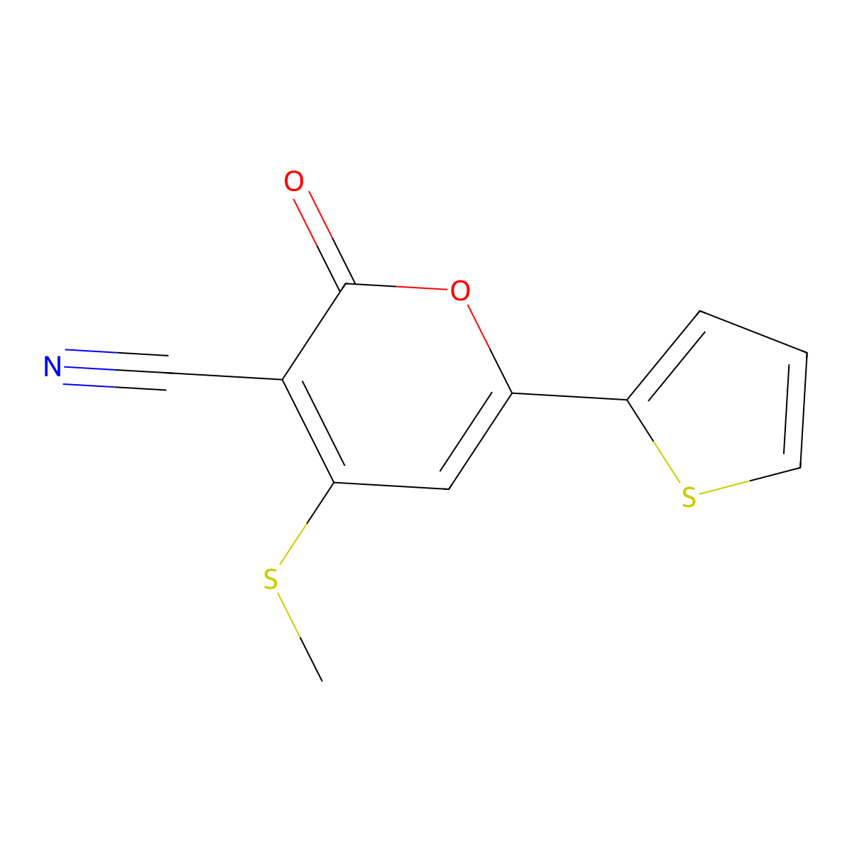 2H-Pyran-3-carbonitrile, 4-(methylthio)-2-oxo-6-(2-thienyl)- molecular structure, CAS 61380-92-5
