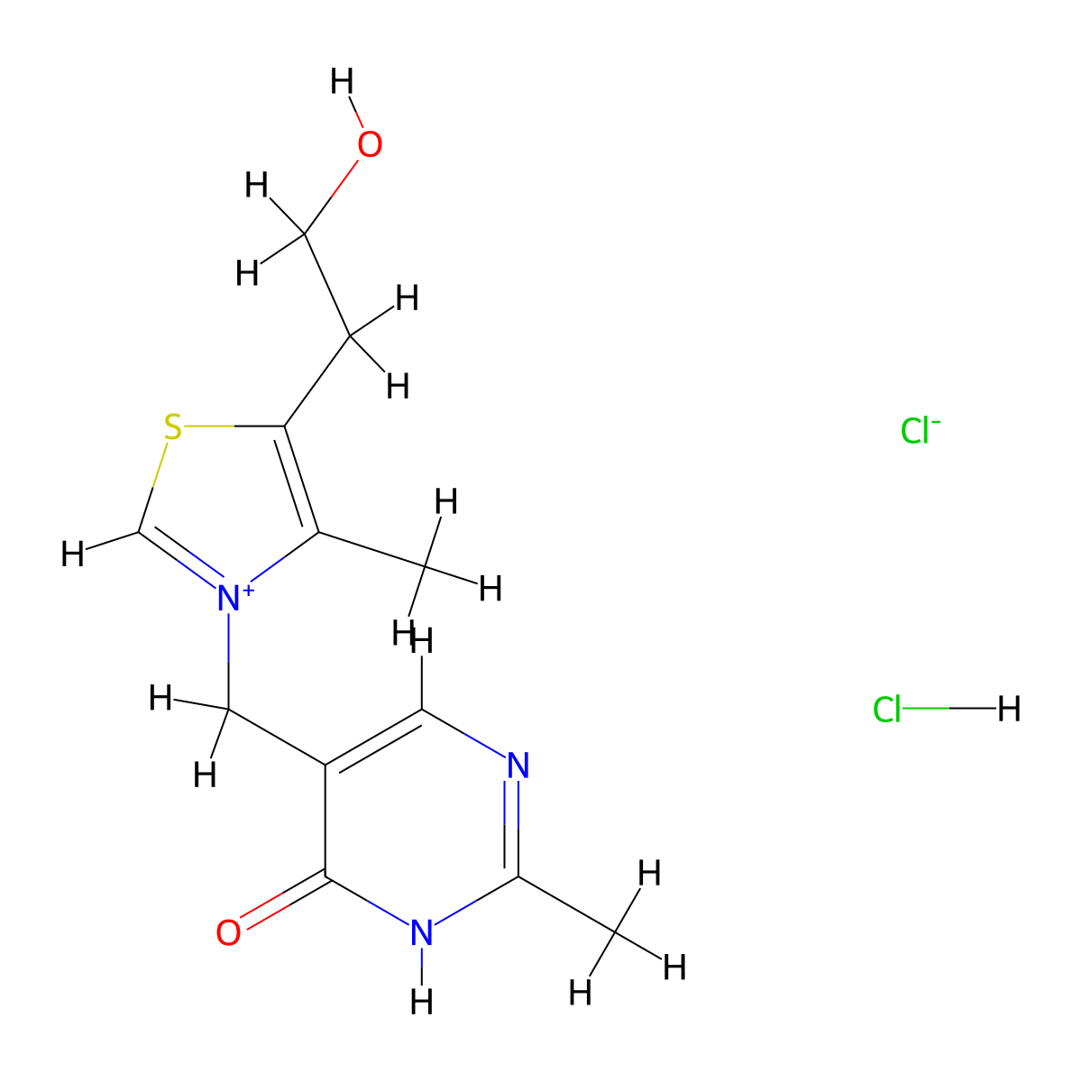 Thiazolium, 3-((1,6-dihydro-2-methyl-6-oxo-5-pyrimidinyl)methyl)-5-(2-hydroxyethyl)-4-methyl-, chloride, hydrochloride (1:1:1) molecular structure, CAS 614-05-1