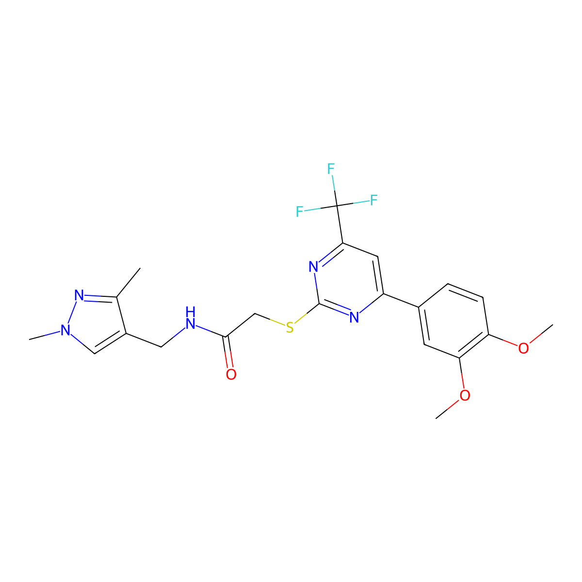 2-[4-(3,4-dimethoxyphenyl)-6-(trifluoromethyl)pyrimidin-2-yl]sulfanyl-N-[(1,3-dimethylpyrazol-4-yl)methyl]acetamide molecular structure, CAS 6140-92-7