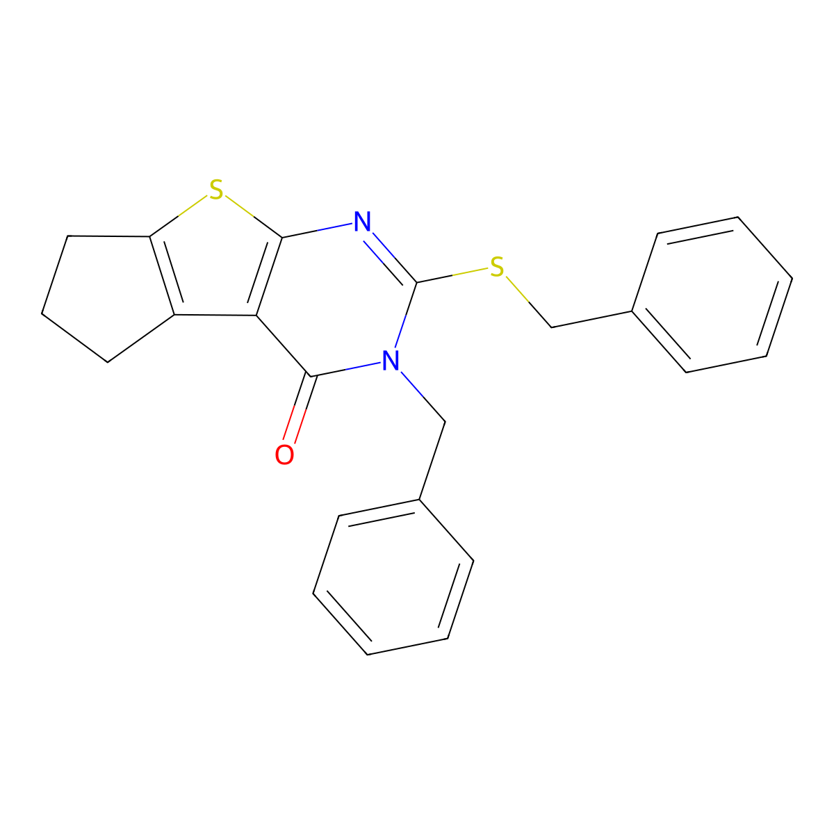 3-benzyl-2-(benzylsulfanyl)-3,5,6,7-tetrahydro-4H-cyclopenta[4,5]thieno[2,3-d]pyrimidin-4-one molecular structure, CAS 6142-79-6
