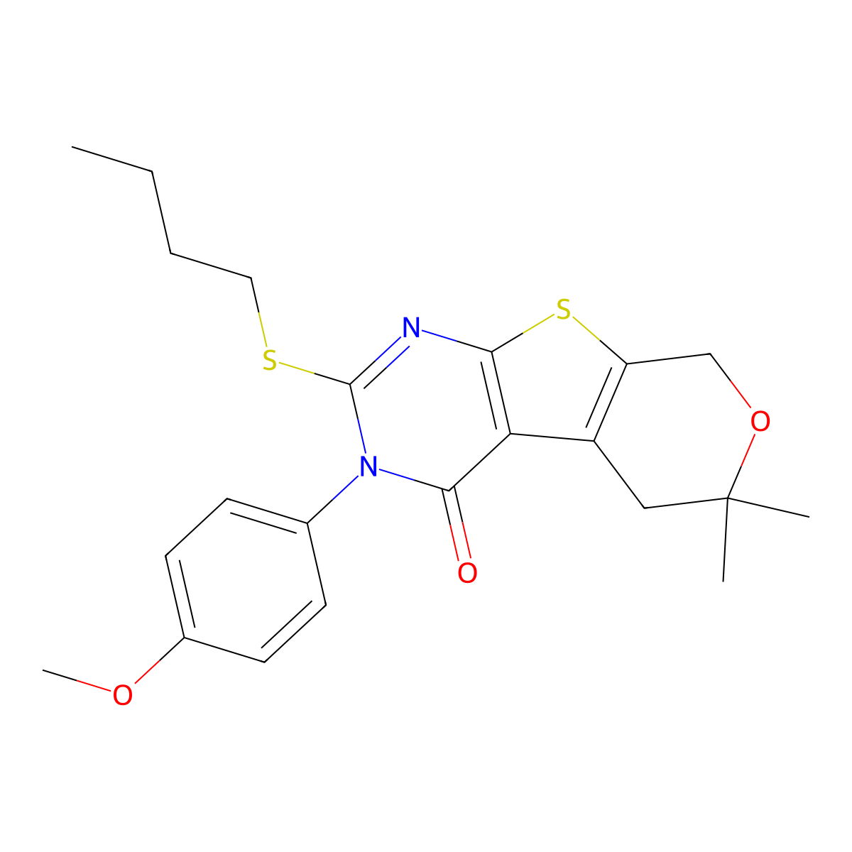 2-(butylsulfanyl)-3-(4-methoxyphenyl)-6,6-dimethyl-3,5,6,8-tetrahydro-4H-pyrano[4',3':4,5]thieno[2,3-d]pyrimidin-4-one molecular structure, CAS 6146-36-7