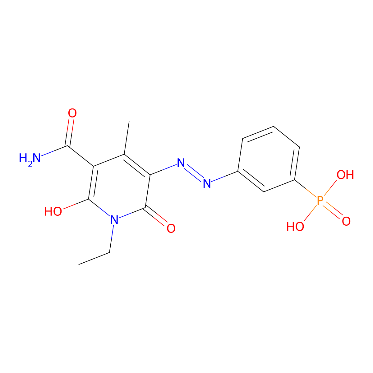 Phosphonic acid, [3-[[5-(aminocarbonyl)-1-ethyl-1,6-dihydro-2-hydroxy-4-methyl-6-oxo-3-pyridinyl]azo]phenyl]- molecular structure, CAS 61470-70-0