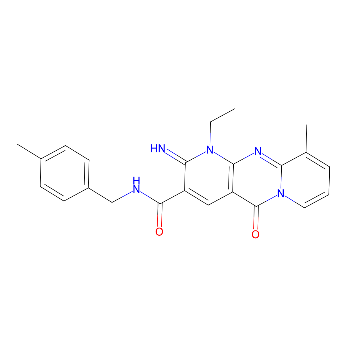 1-ethyl-2-imino-10-methyl-N-(4-methylbenzyl)-5-oxo-2,5-dihydro-1H-dipyrido[1,2-a:2',3'-d]pyrimidine-3-carboxamide molecular structure, CAS 614747-55-6