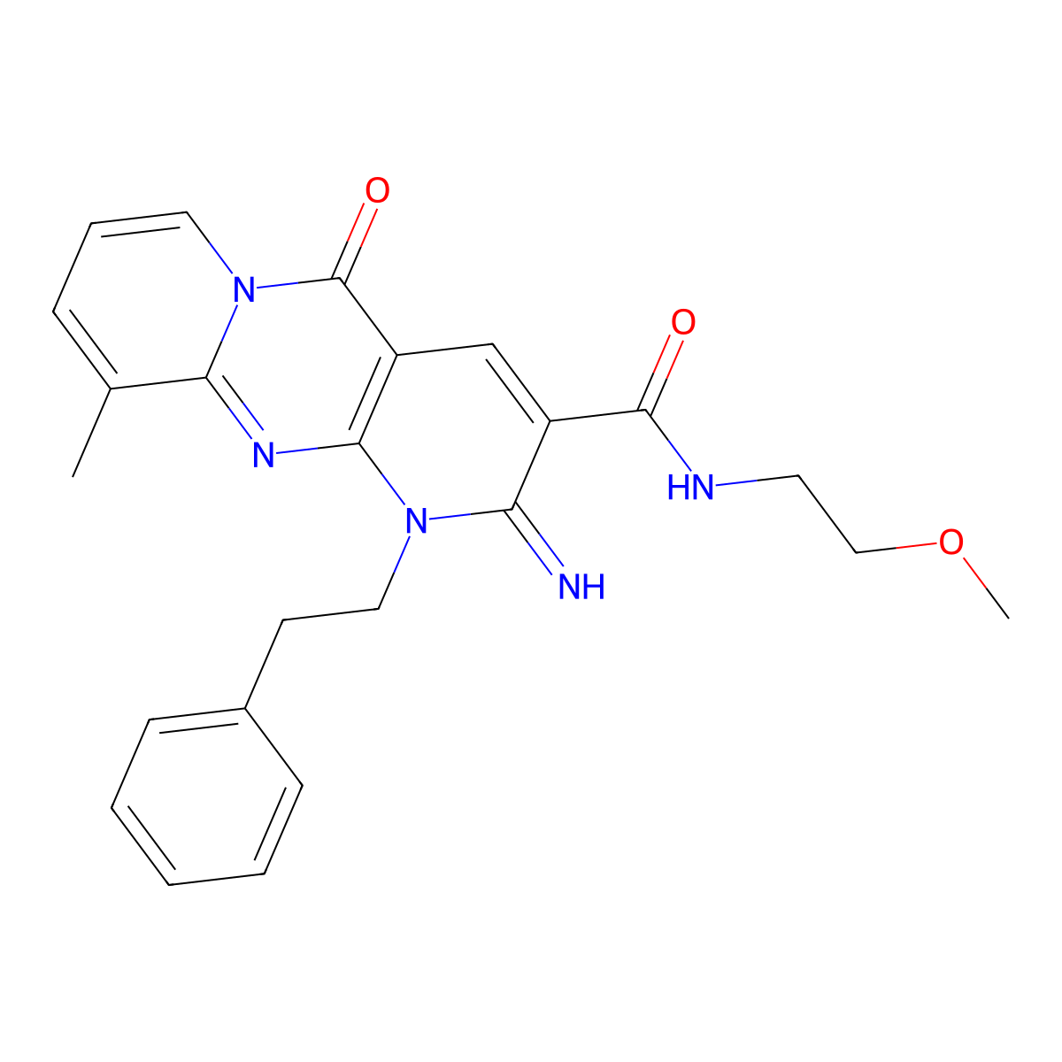 [2-imino-10-methyl-5-oxo-1-(2-phenylethyl)(1,6-dihydropyridino[2,3-d]pyridino[1,2-a]pyrimidin-3-yl)]-N-(2-methoxyethyl)carboxamide molecular structure, CAS 614748-23-1