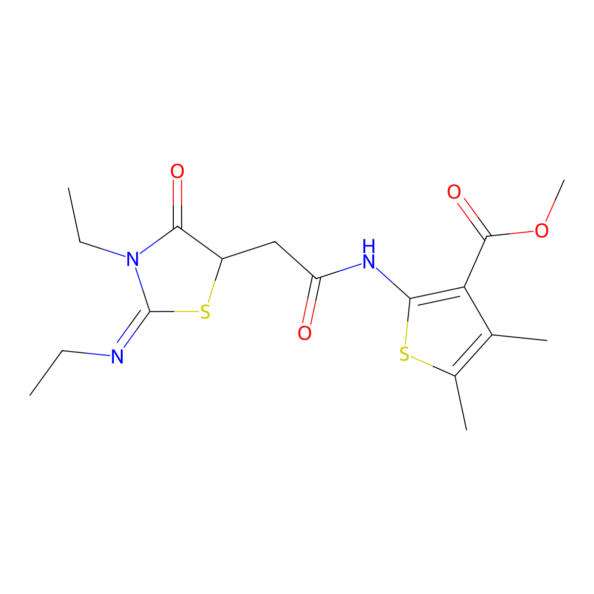 methyl 2-({[(2Z)-3-ethyl-2-(ethylimino)-4-oxo-1,3-thiazolidin-5-yl]acetyl}amino)-4,5-dimethylthiophene-3-carboxylate molecular structure, CAS 6148-39-6