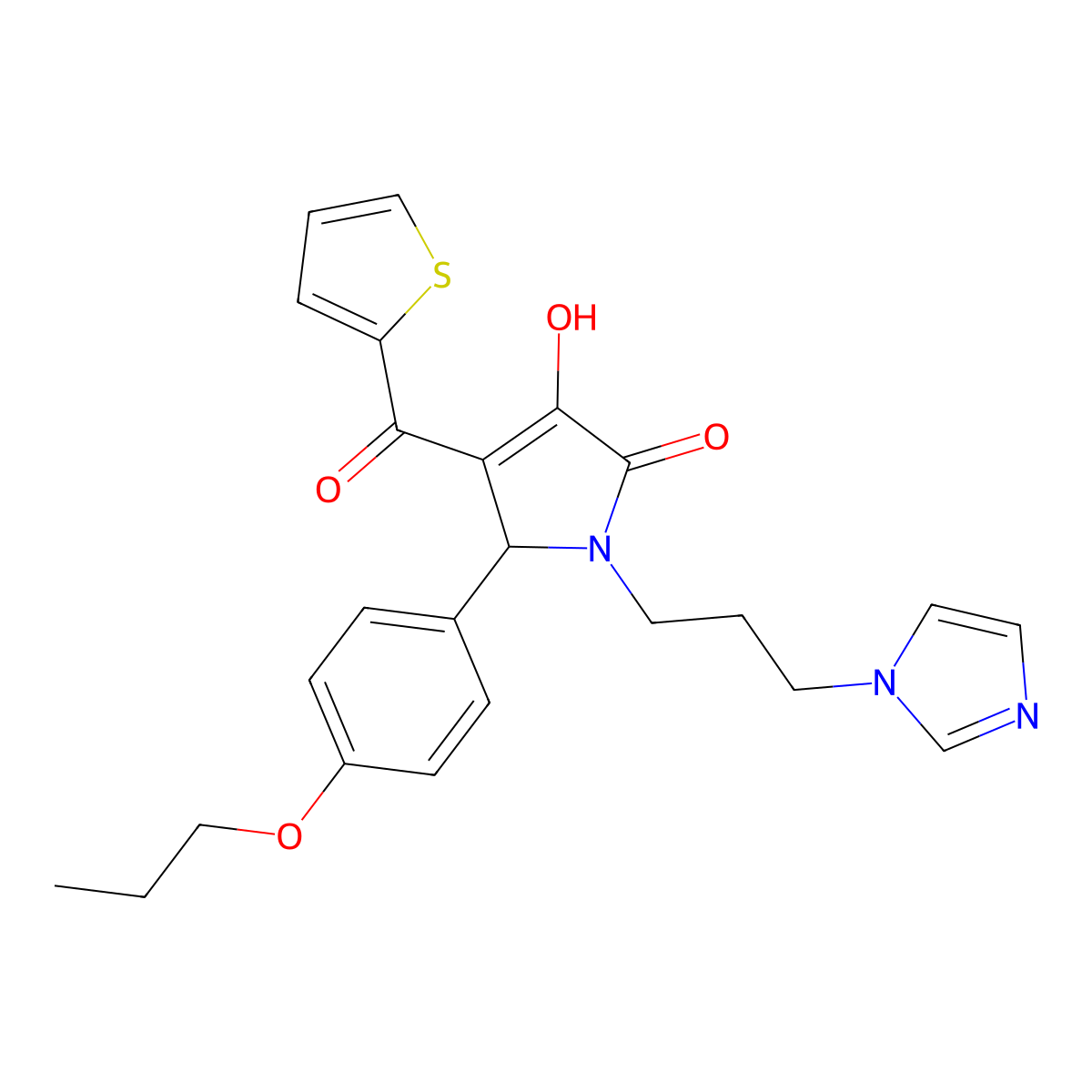 3-hydroxy-1-[3-(1H-imidazol-1-yl)propyl]-5-(4-propoxyphenyl)-4-(thiophen-2-ylcarbonyl)-1,5-dihydro-2H-pyrrol-2-one molecular structure, CAS 615270-65-0
