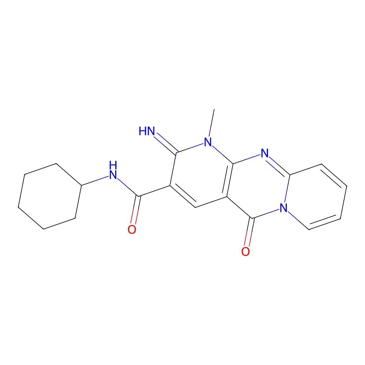 N-Cyclohexyl-6-imino-7-methyl-2-oxo-1,7,9-triazatricyclo[8.4.0.03,8]tetradeca-3(8),4,9,11,13-pentaene-5-carboxamide molecular structure, CAS 615273-33-1