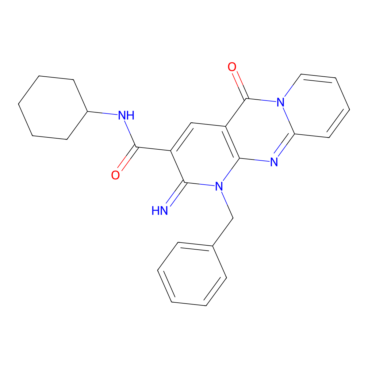 1-benzyl-N-cyclohexyl-2-imino-5-oxo-2,5-dihydro-1H-dipyrido[1,2-a:2',3'-d]pyrimidine-3-carboxamide molecular structure, CAS 615273-35-3