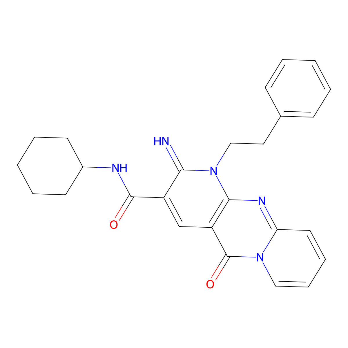 N-cyclohexyl-2-imino-5-oxo-1-(2-phenylethyl)-1,5-dihydro-2H-dipyrido[1,2-a:2',3'-d]pyrimidine-3-carboxamide molecular structure, CAS 615273-37-5