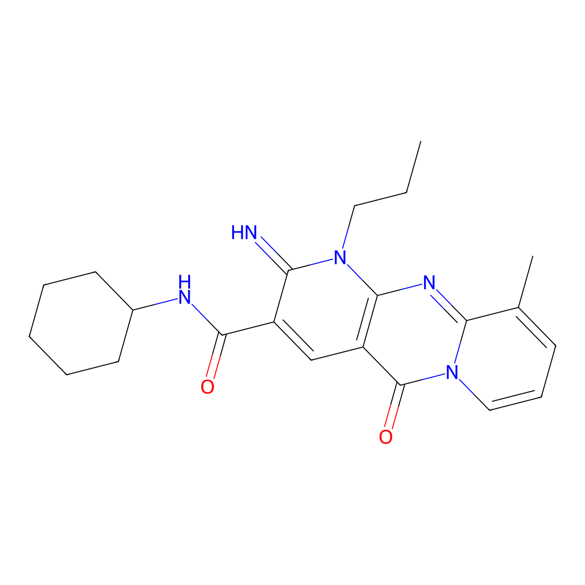 N-cyclohexyl-2-imino-10-methyl-5-oxo-1-propyl-1,5-dihydro-2H-dipyrido[1,2-a:2',3'-d]pyrimidine-3-carboxamide molecular structure, CAS 615273-45-5