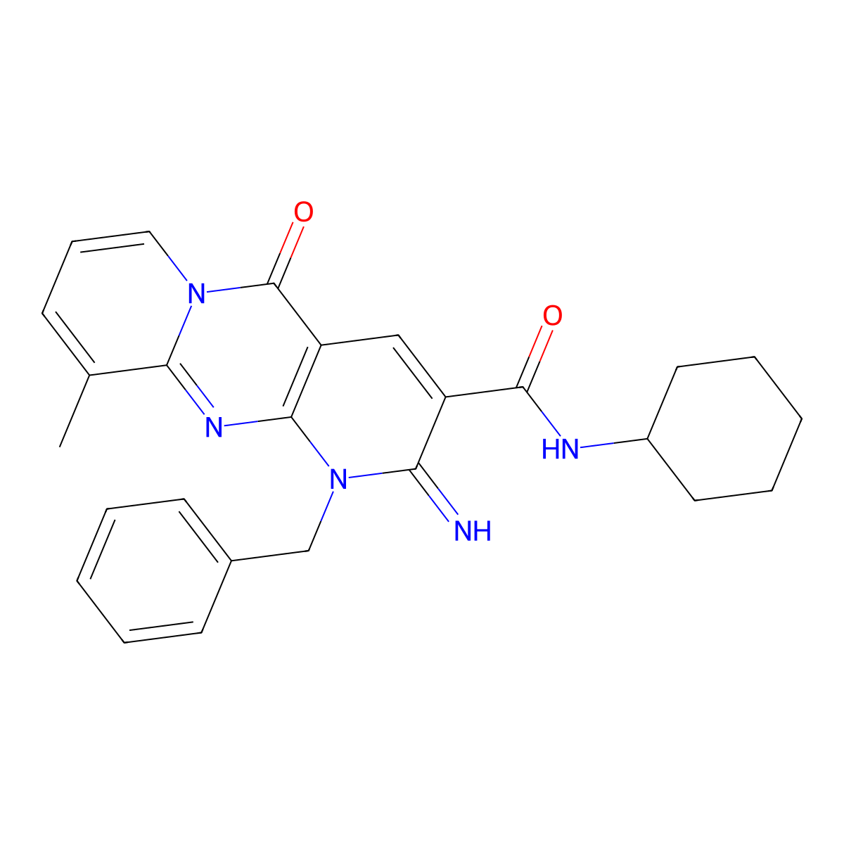 1-benzyl-N-cyclohexyl-2-imino-10-methyl-5-oxodipyrido[4,3-b:1'',2''-f]pyrimidine-3-carboxamide molecular structure, CAS 615273-49-9