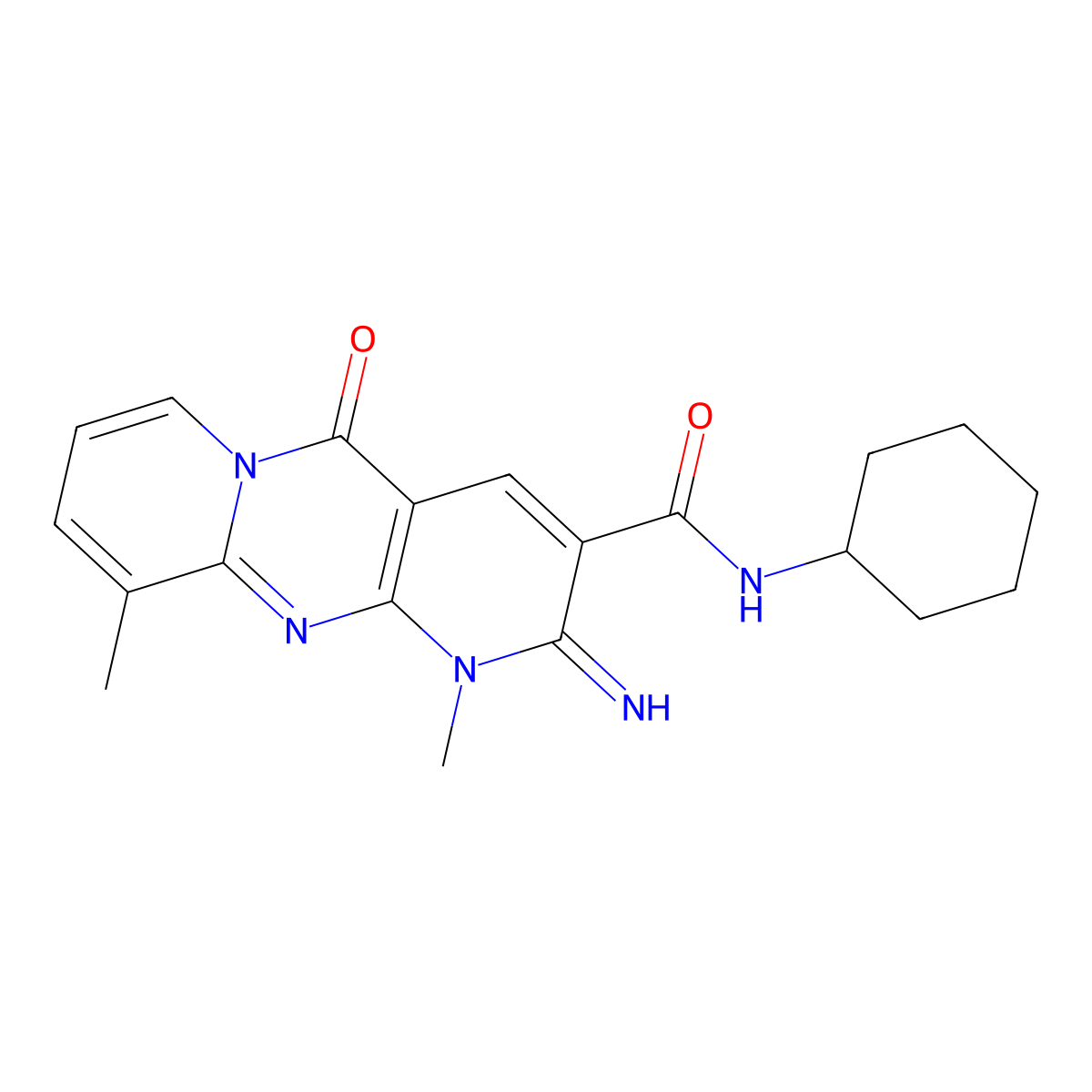N-Cyclohexyl-6-imino-7,11-dimethyl-2-oxo-1,7,9-triazatricyclo[8.4.0.03,8]tetradeca-3(8),4,9,11,13-pentaene-5-carboxamide molecular structure, CAS 615273-52-4