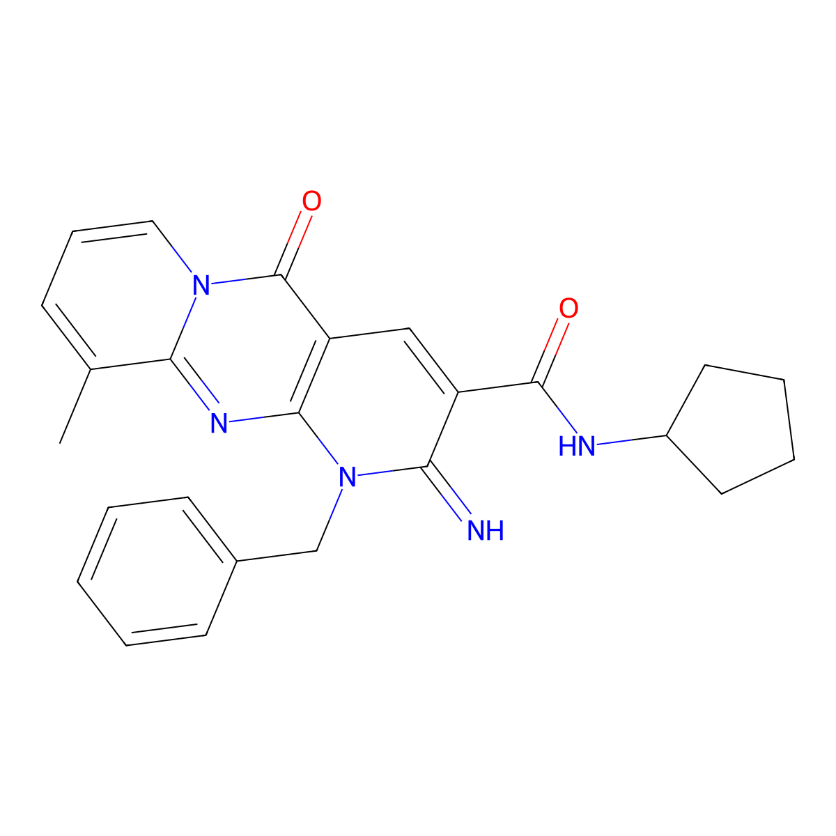 1-benzyl-N-cyclopentyl-2-imino-10-methyl-5-oxo-2,5-dihydro-1H-dipyrido[1,2-a:2',3'-d]pyrimidine-3-carboxamide molecular structure, CAS 615273-65-9