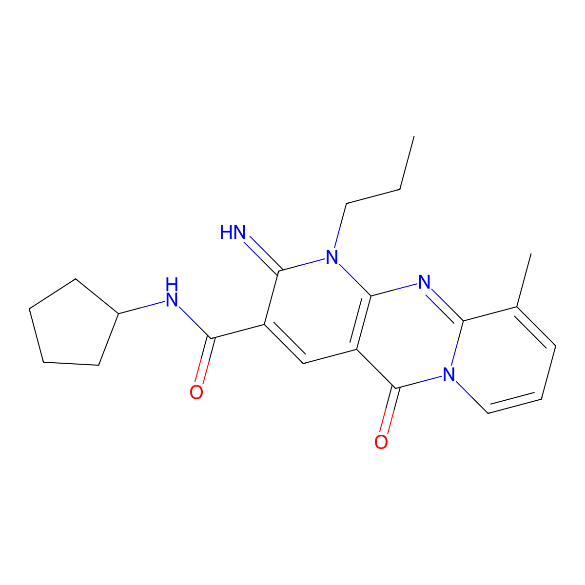2-Imino-8-methyl-10-oxo-1-propyl-1,10-dihydro-2H-1,9,10a-triaza-anthracene-3-carboxylic acid cyclopentylamide molecular structure, CAS 615273-66-0