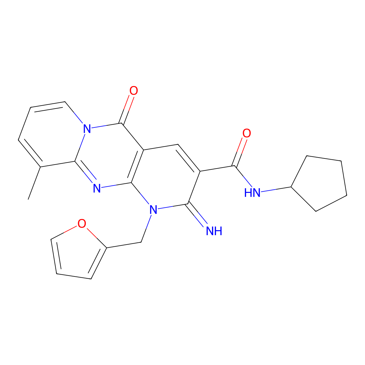 N-cyclopentyl[1-(2-furylmethyl)-2-imino-10-methyl-5-oxo(1,6-dihydropyridino[2, 3-d]pyridino[1,2-a]pyrimidin-3-yl)]carboxamide molecular structure, CAS 615273-71-7