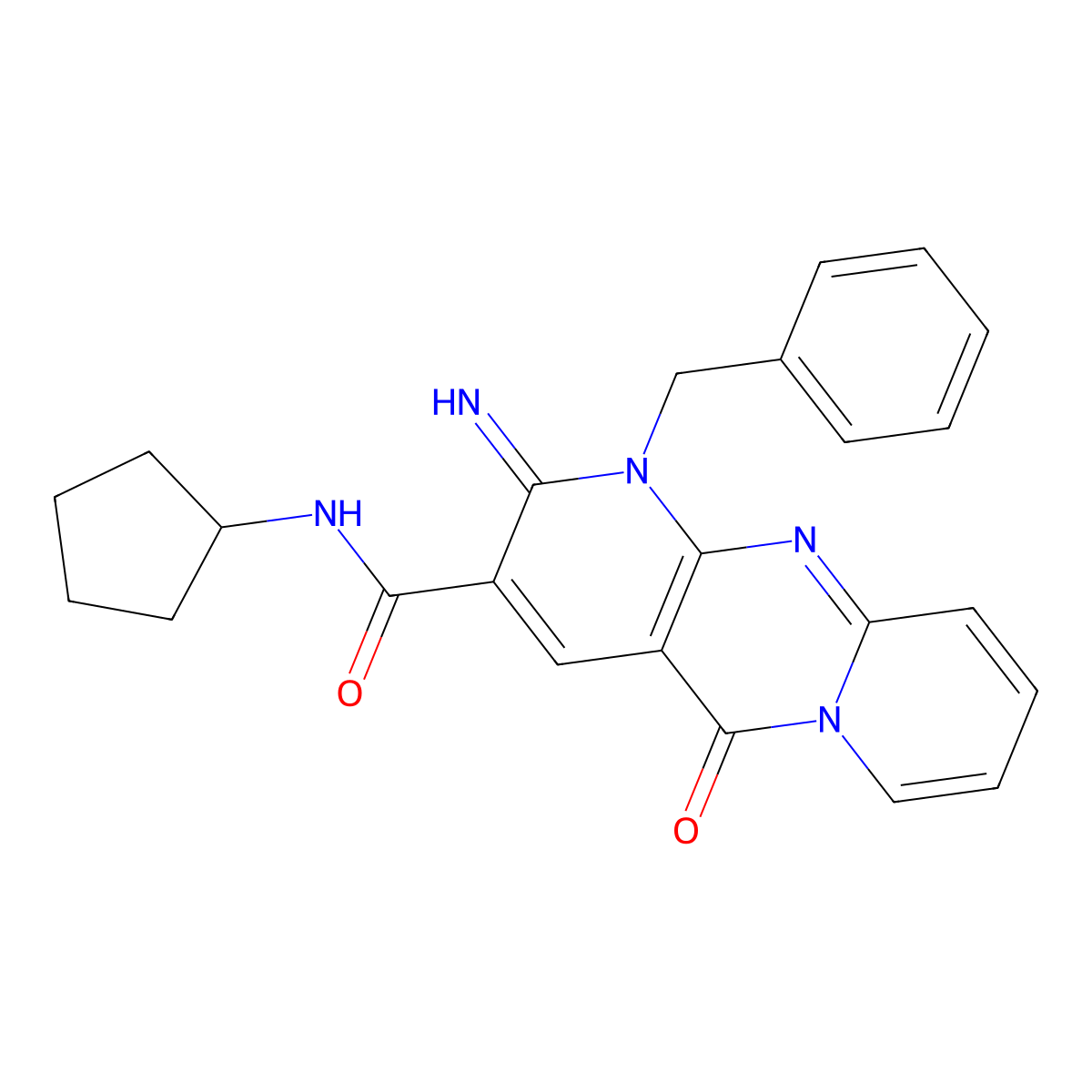 1-benzyl-N-cyclopentyl-2-imino-5-keto-dipyrido[1,2-e:4'',3''-f]pyrimidine-3-carboxamide molecular structure, CAS 615273-74-0