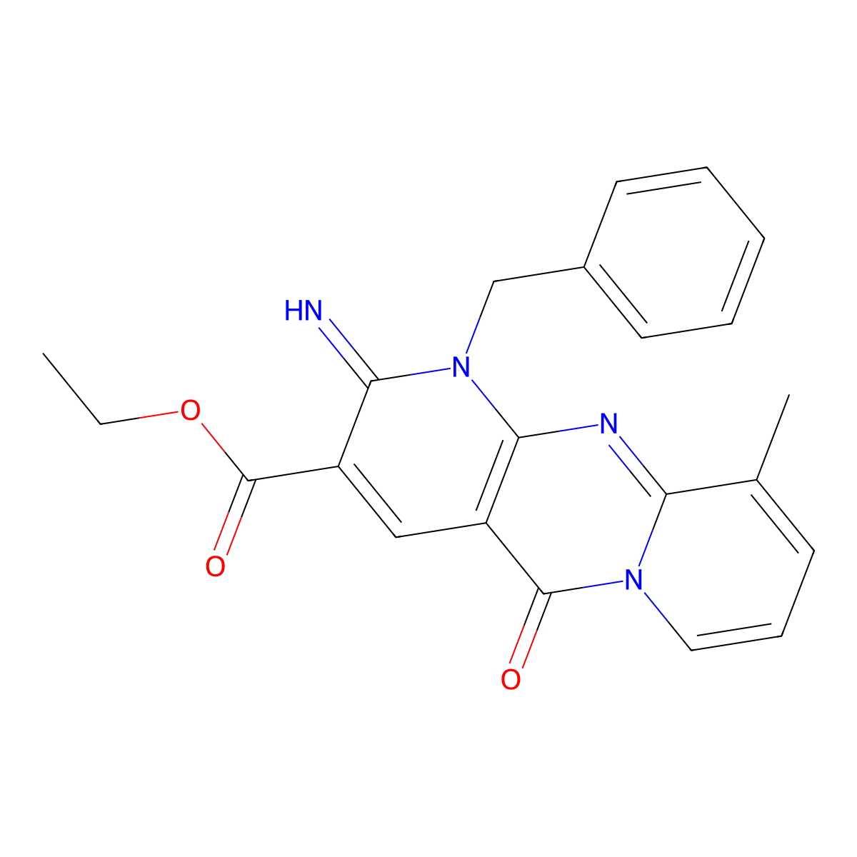 Ethyl 2-imino-10-methyl-5-oxo-1-benzyl-1,6-dihydropyridino[2,3-d]pyridino[1,2-a]pyrimidine-3-carboxylate molecular structure, CAS 615275-23-5