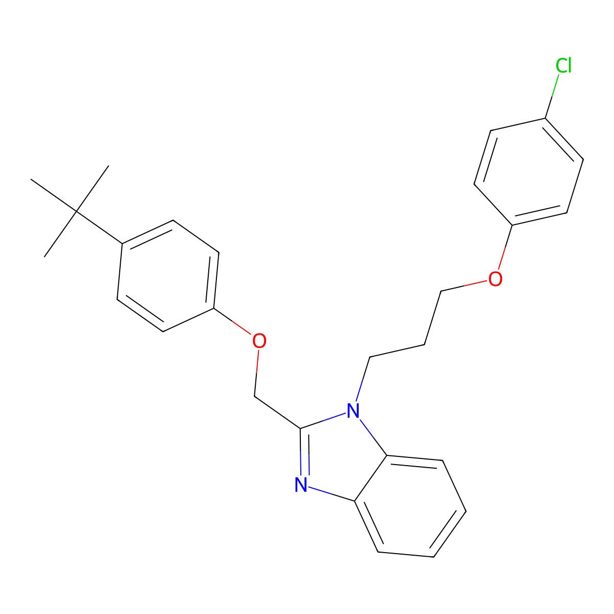 2-((4-(tert-butyl)phenoxy)methyl)-1-(3-(4-chlorophenoxy)propyl)-1H-benzo[d]imidazole molecular structure, CAS 615280-94-9
